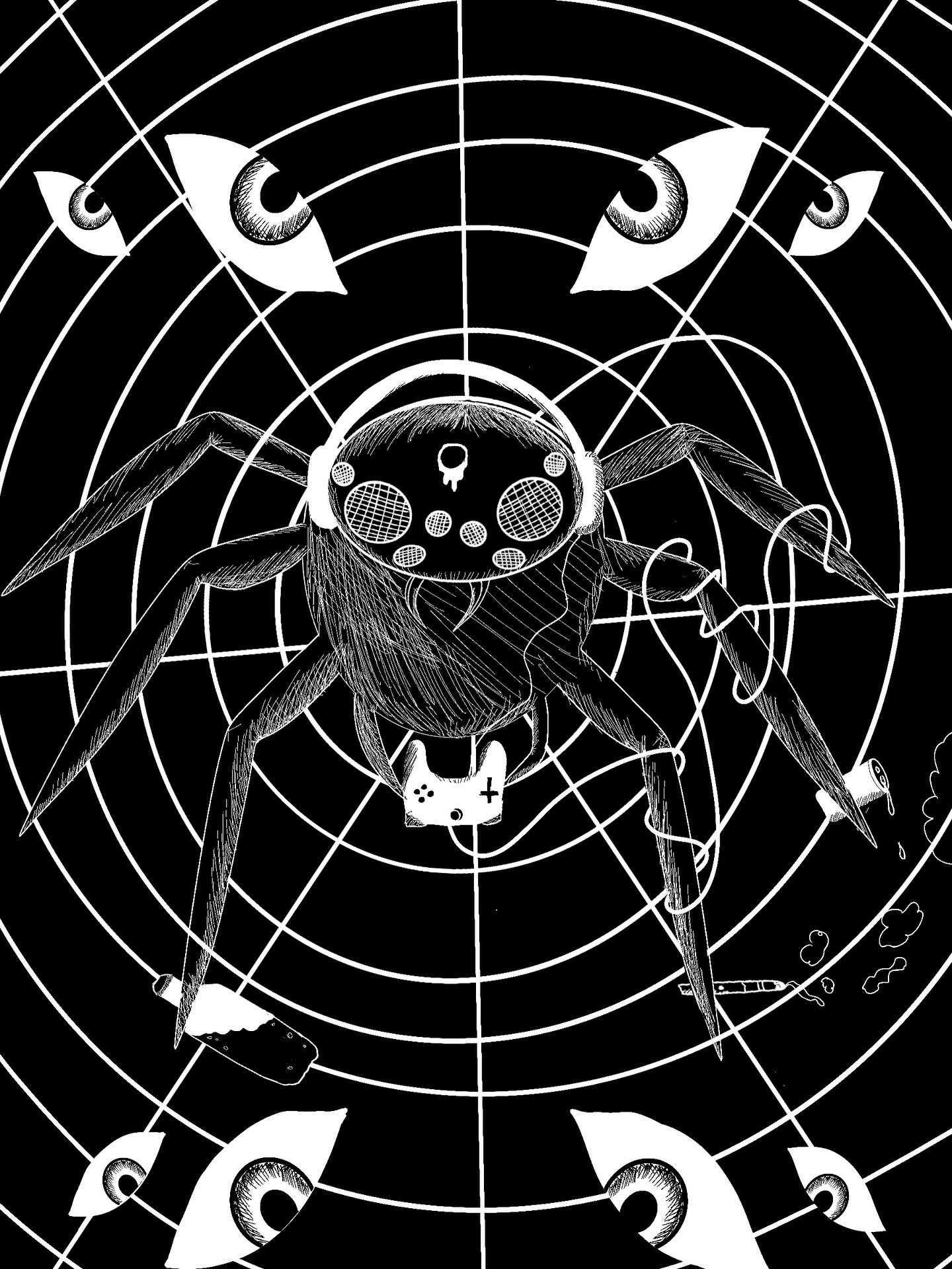 &ldquo;Caught in a web&rdquo;
2025
Digital Illustration 

First time coming up with a concept for printmaking.
Was asked to create something based on personal fears. I&rsquo;m afraid of bugs and spiders are interesting to look at so that was my choic