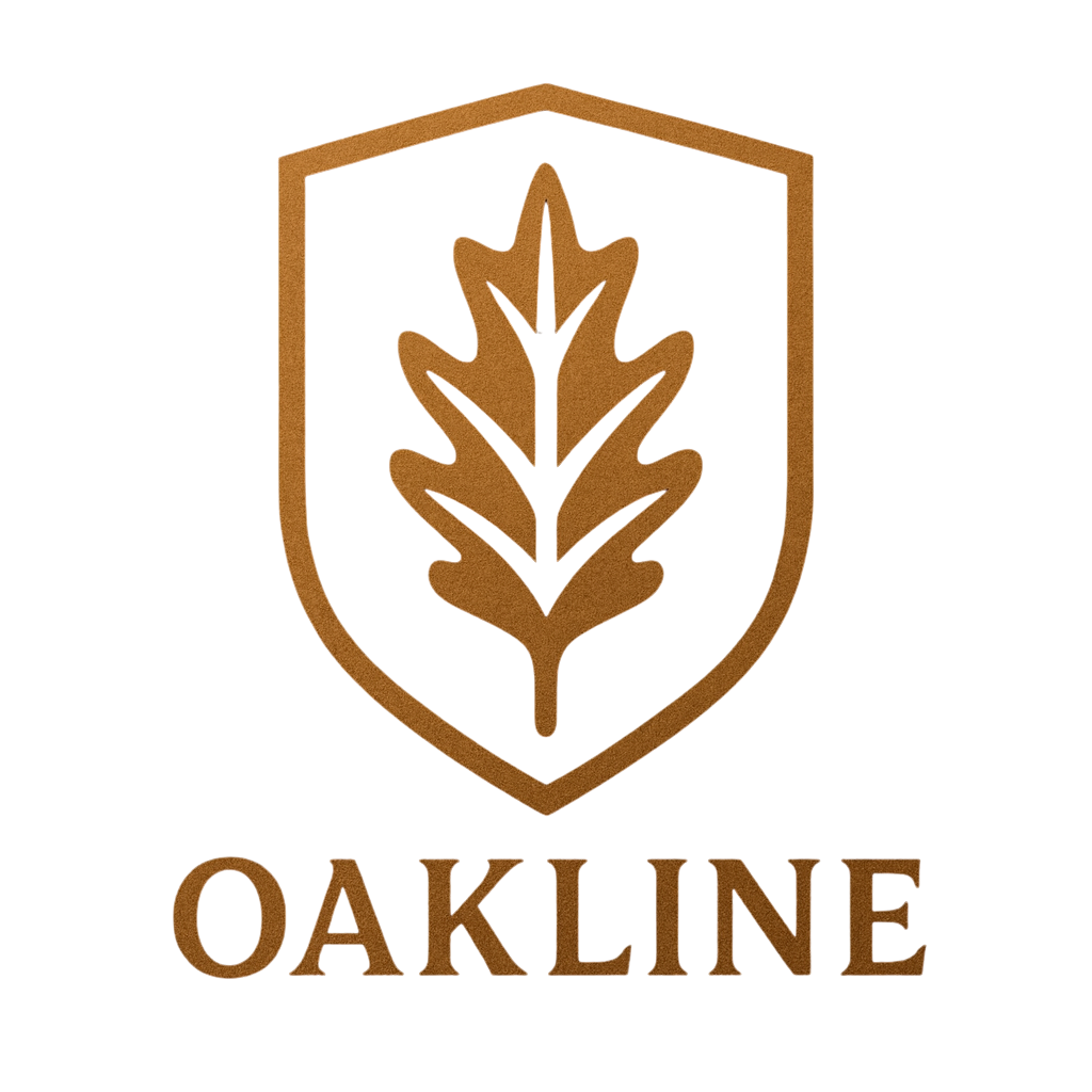 Oakline Athletics logo featuring a stylized oak leaf inside a shield in brown and orange with "OAKLINE" written below.