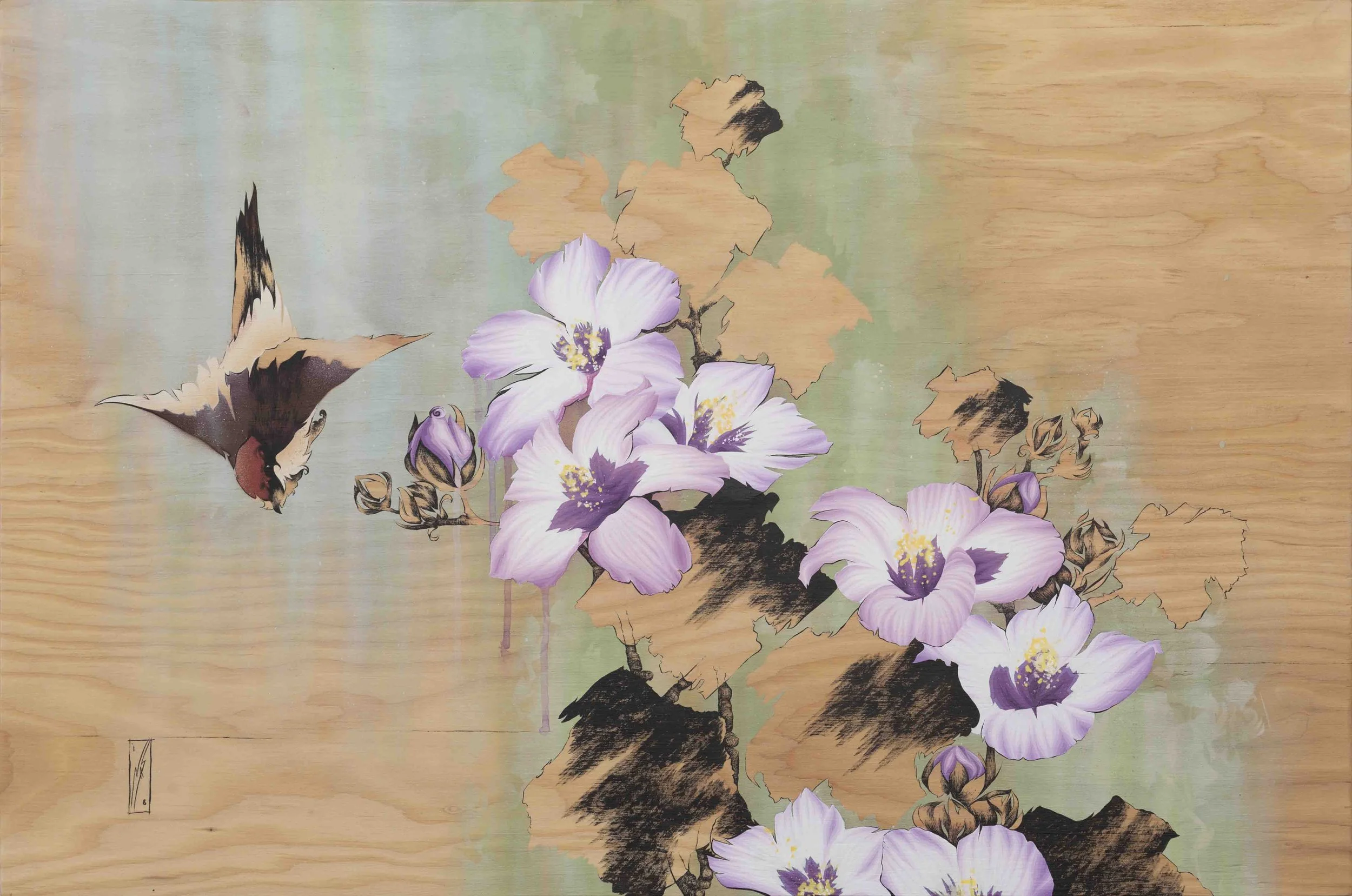 hydrangea and swallow | 24”x36” | spray paint, acrylic and ink on wood panel | 2017