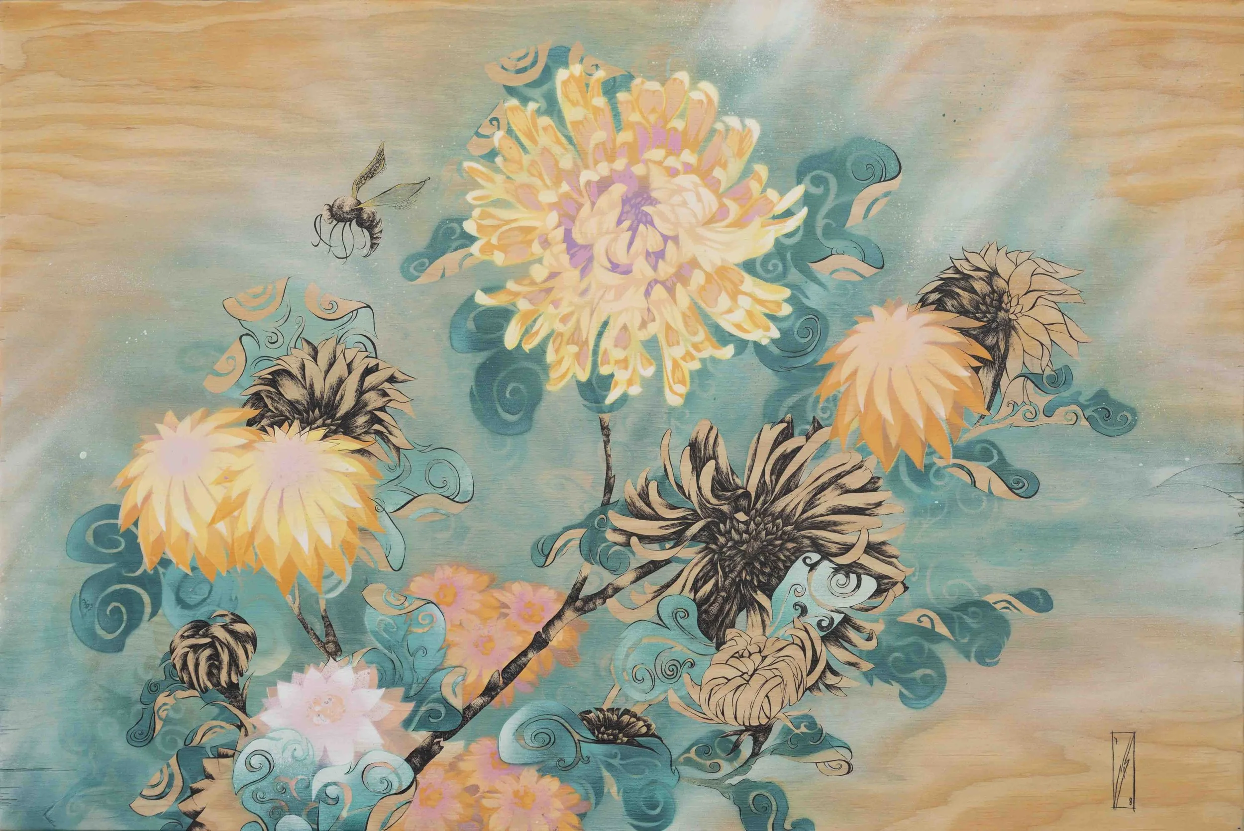 chrysanthemum and bee | 24”x36” | spray paint, acrylic and ink on wood panel | 2018