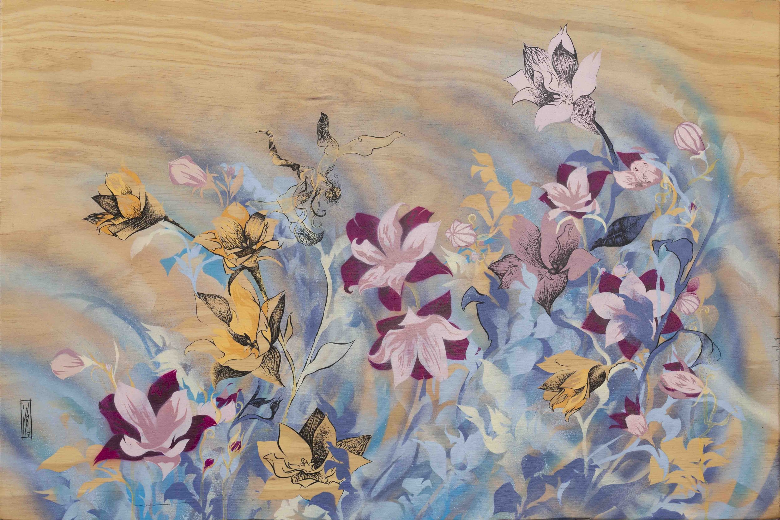 bellflower and dragonfly | 24”x36 | spray paint, acrylic and ink on wood panel | 2017