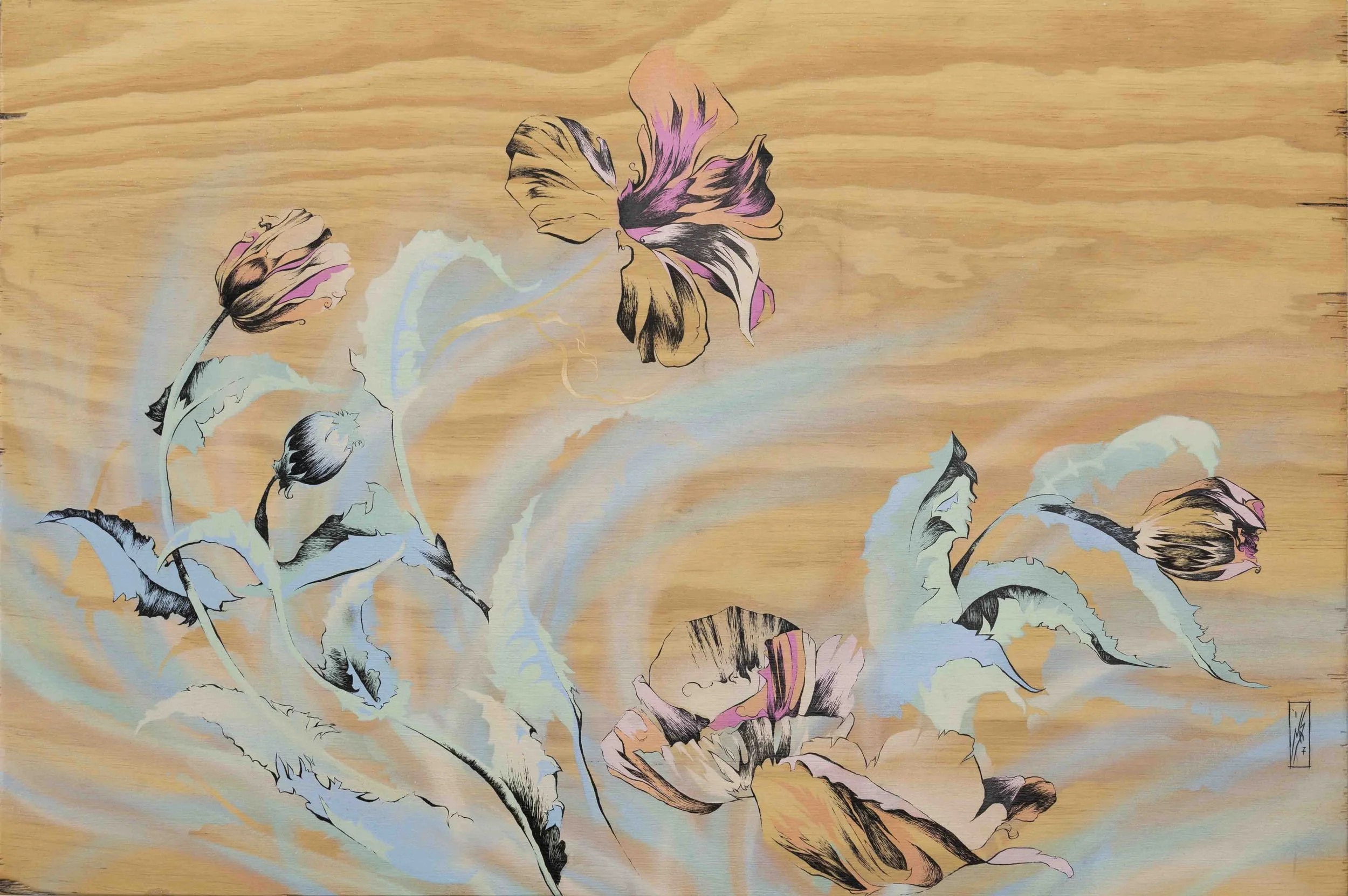 poppies | 24”x36” | spray paint, acrylic and ink on wood panel | 2017