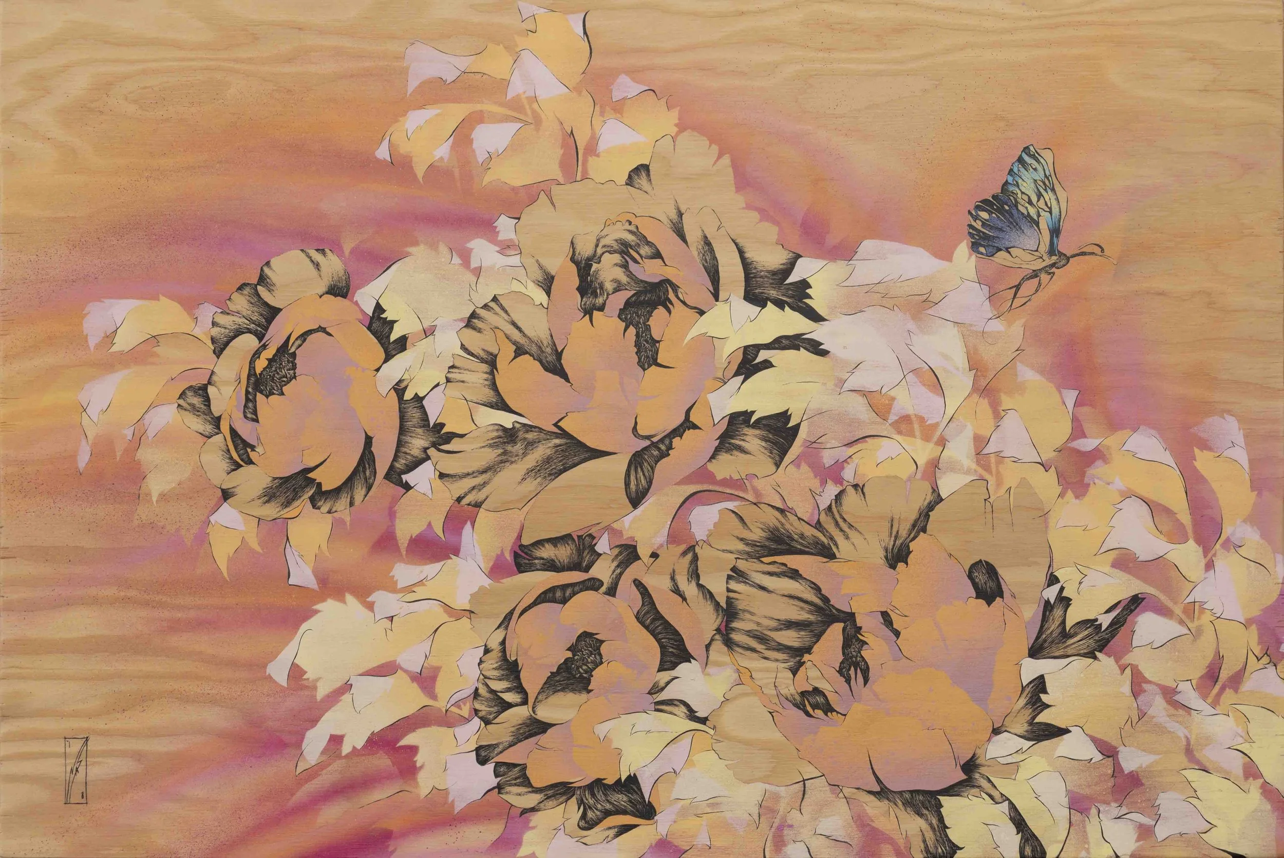 peonies and butterfly | 24”x36” | spray paint, acrylic and ink on wood panel | 2018