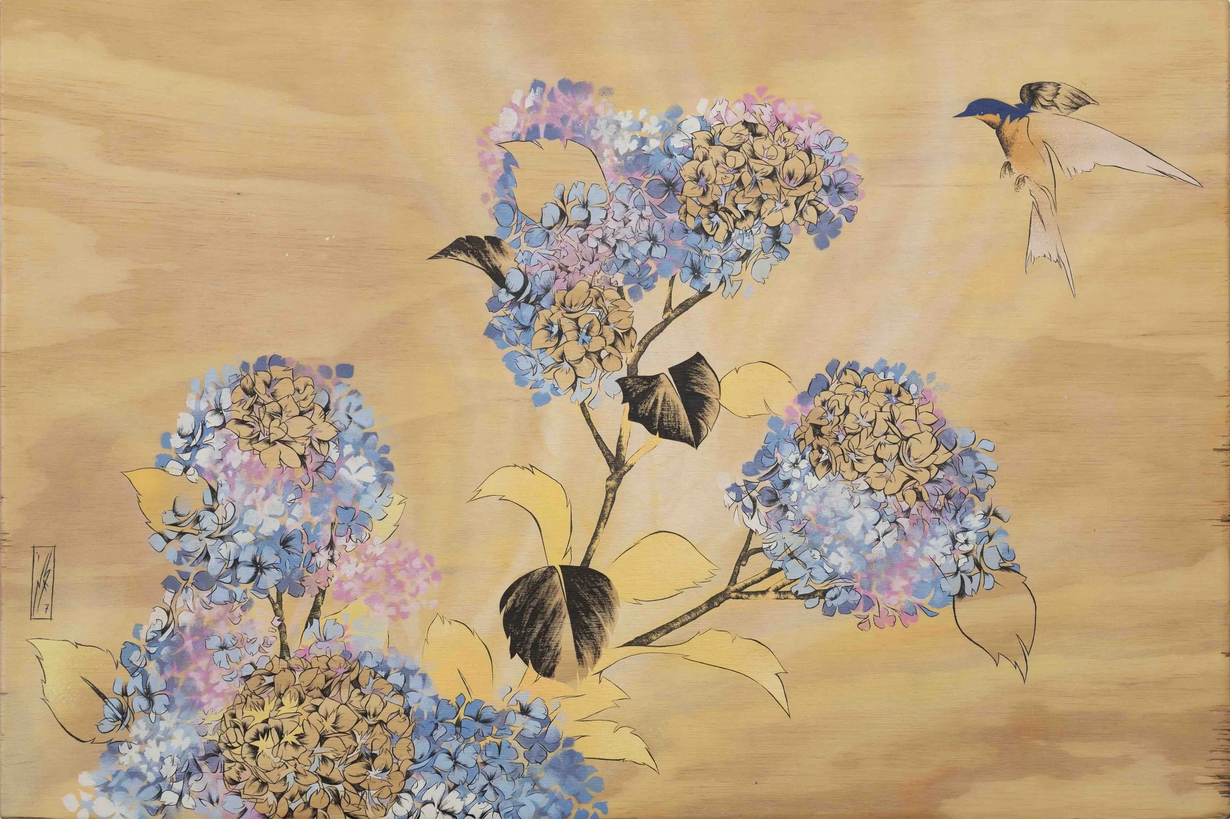 hibiscus and sparrow | 24”x36” | spray paint, acrylic and ink on wood panel | 2018