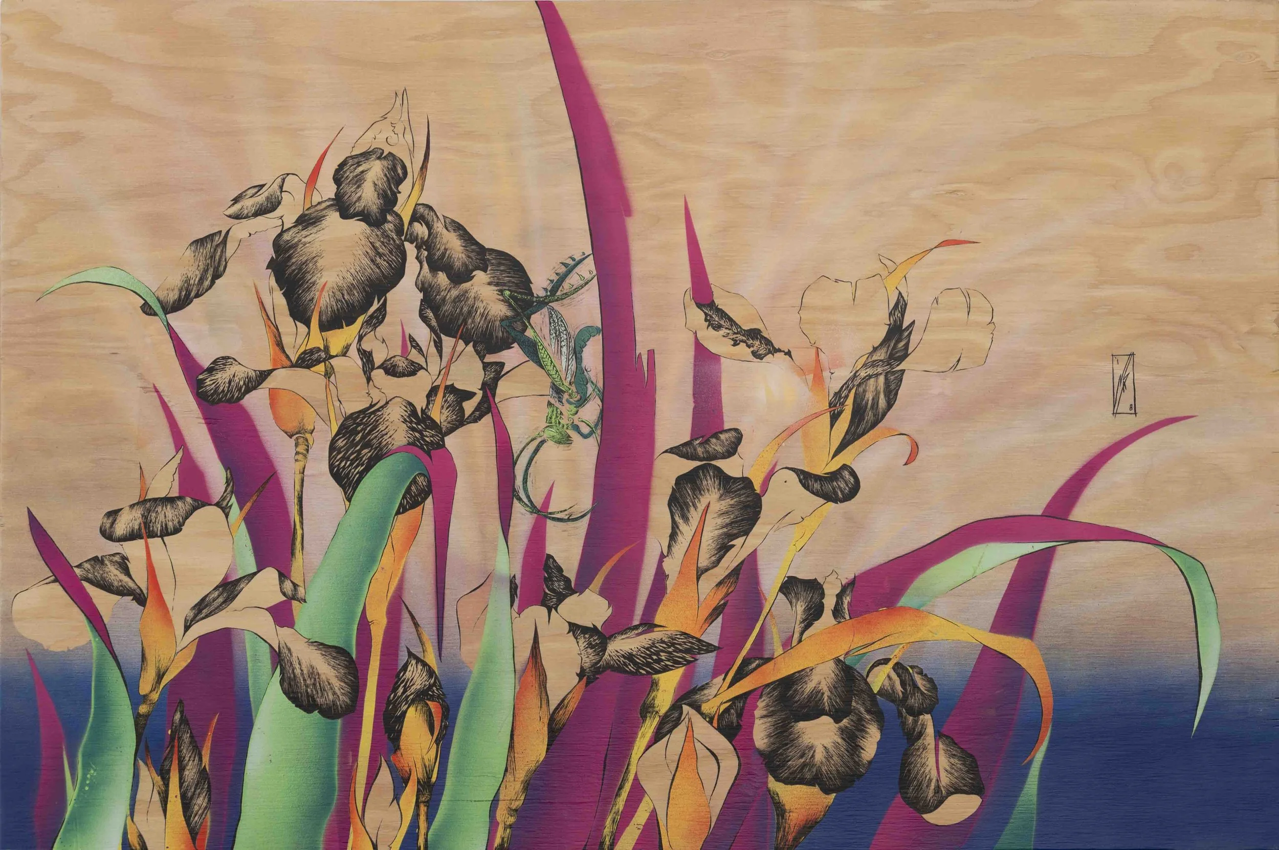 iris and grasshopper | 24”x36” | spray paint, acrylic and ink on wood panel | 2018