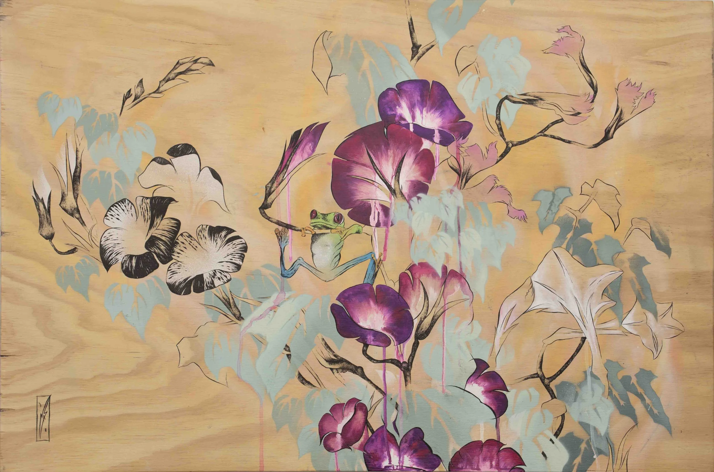 morning glory and tree frog | 24”x36” | spray paint, acrylic and ink on wood panel | 2018