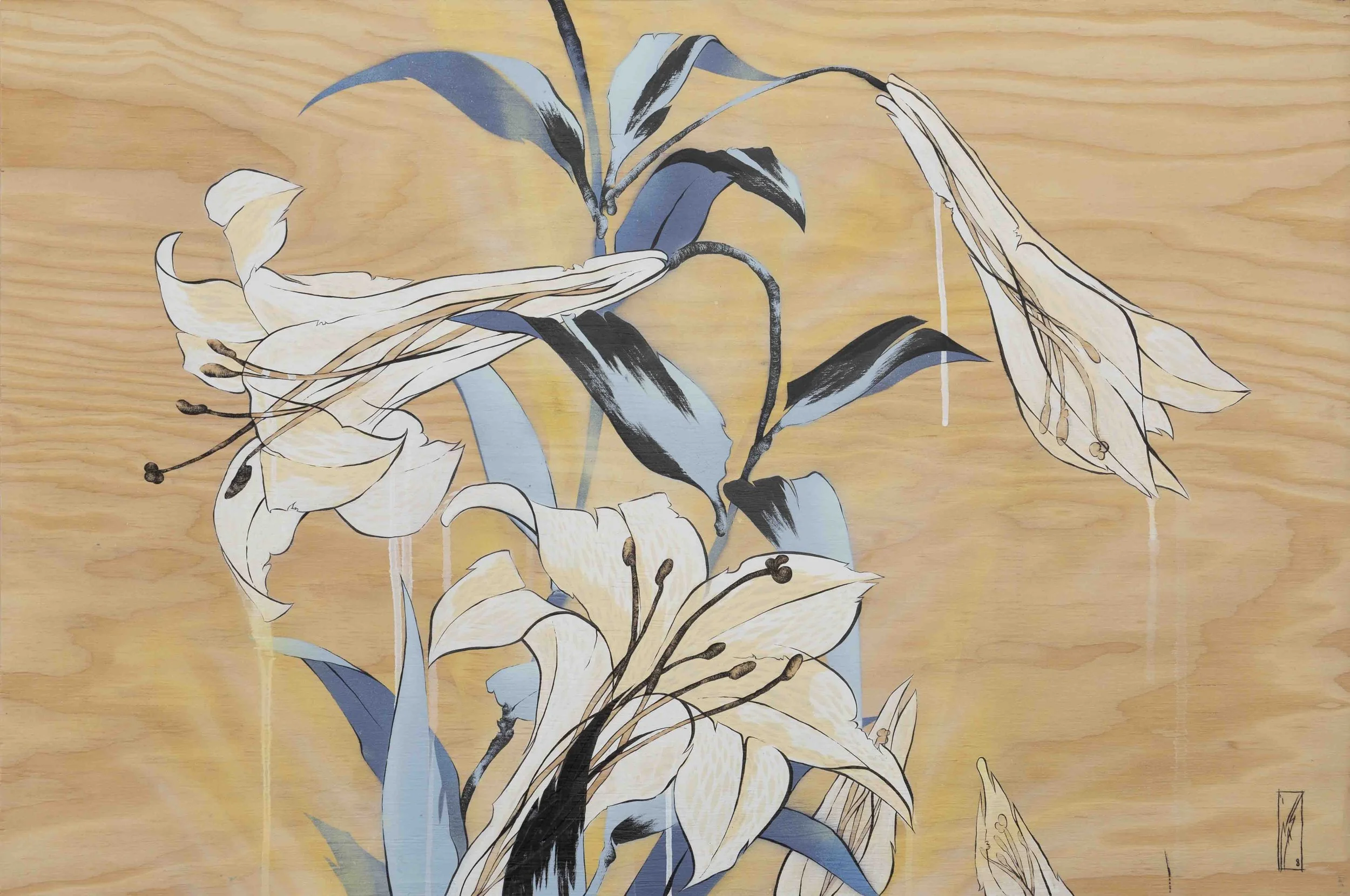 lilies | 24”x36” | spray paint, acrylic and ink on wood panel | 2018