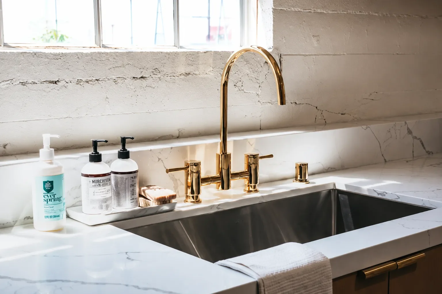 modern kitchen with polished countertops, clean sink, and premium finishes after professional house cleaning.
