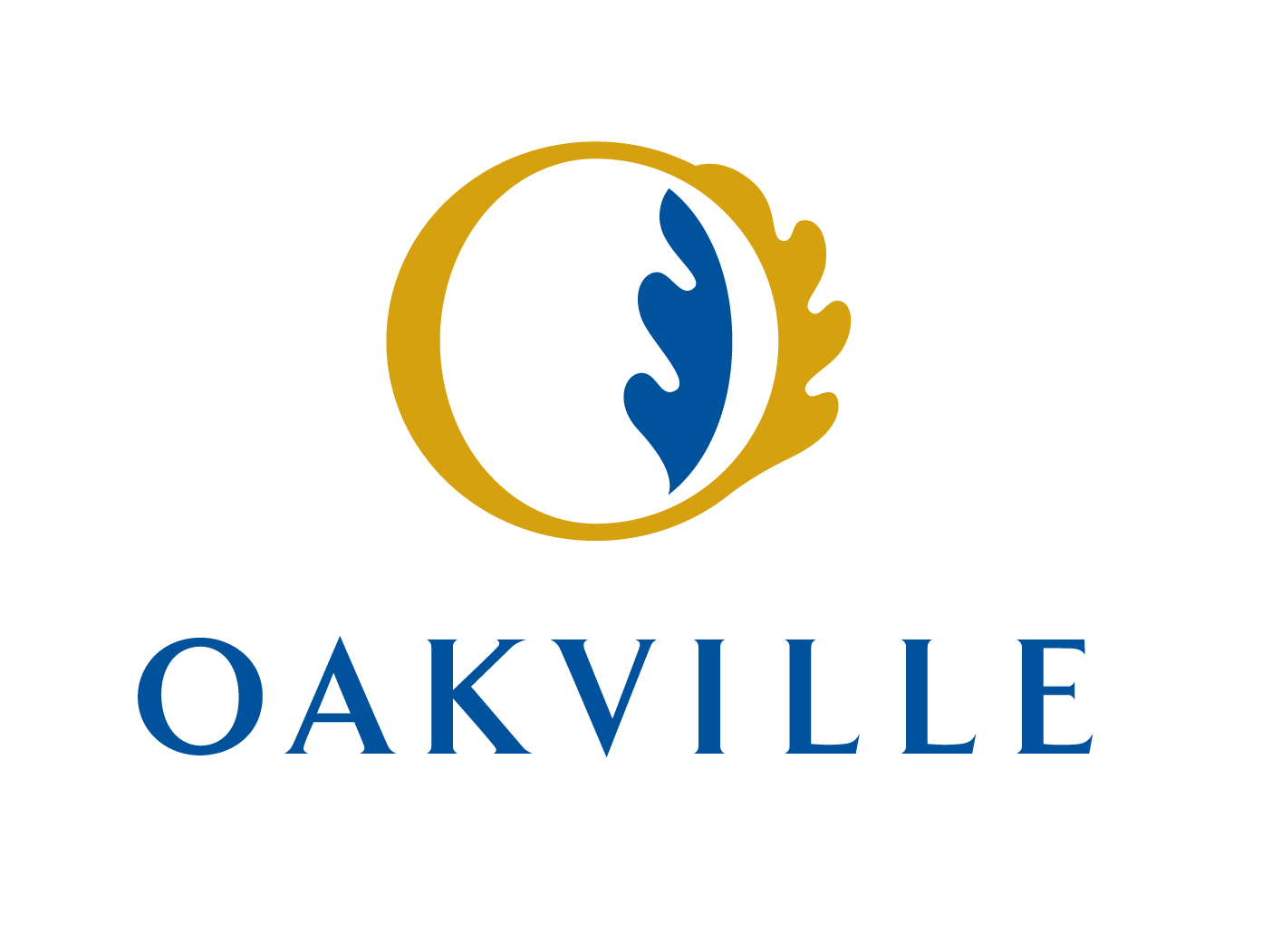 The logo of Oakville, featuring a central stylized blue leaf within a gold circular design, with the word 'OAKVILLE' written below in blue capital letters.