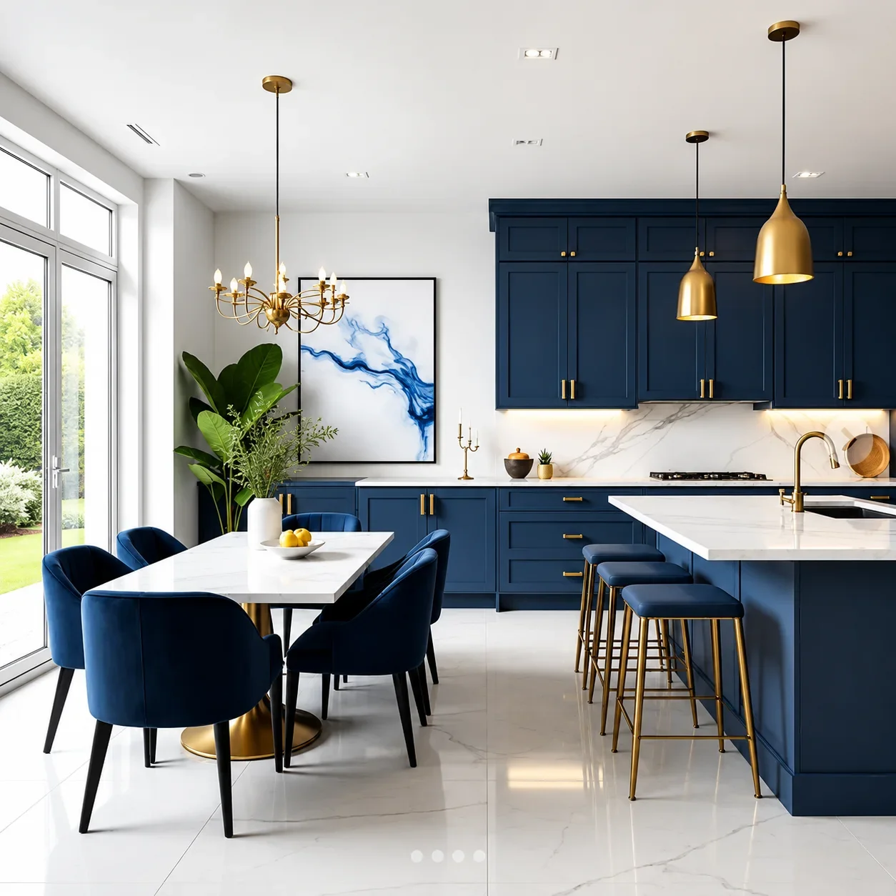 Luxury modern kitchen with spotless marble countertops, navy cabinetry, and professionally cleaned surfaces.