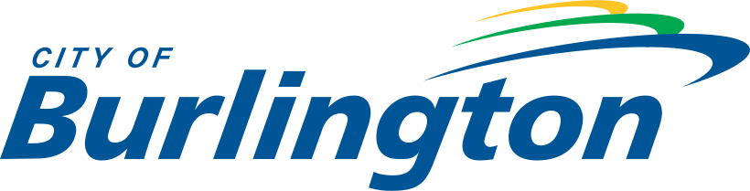 Logo of the City of Burlington featuring blue text and colorful swooshes