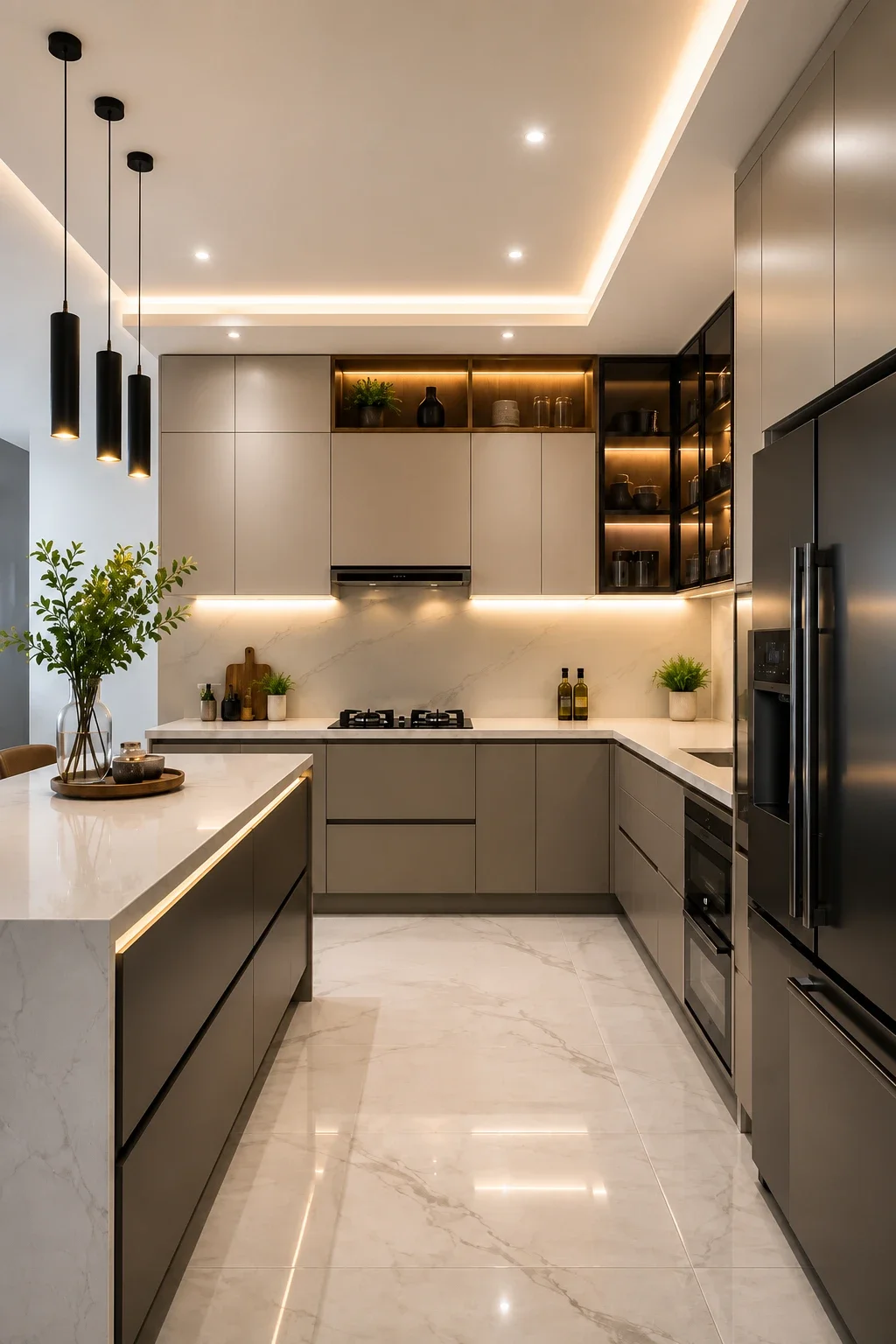 Professional house cleaning in Oakville featuring premium contemporary kitchen with clean marble countertops, polished cabinetry, and spotless appliances