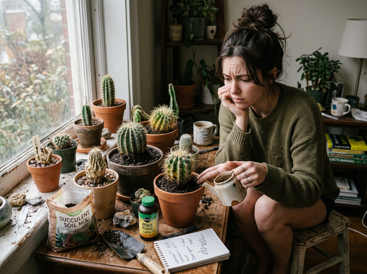 A woman sits at a wooden table near a window, watering potted cacti and succulents, surrounded by gardening supplies, books, and a notebook.