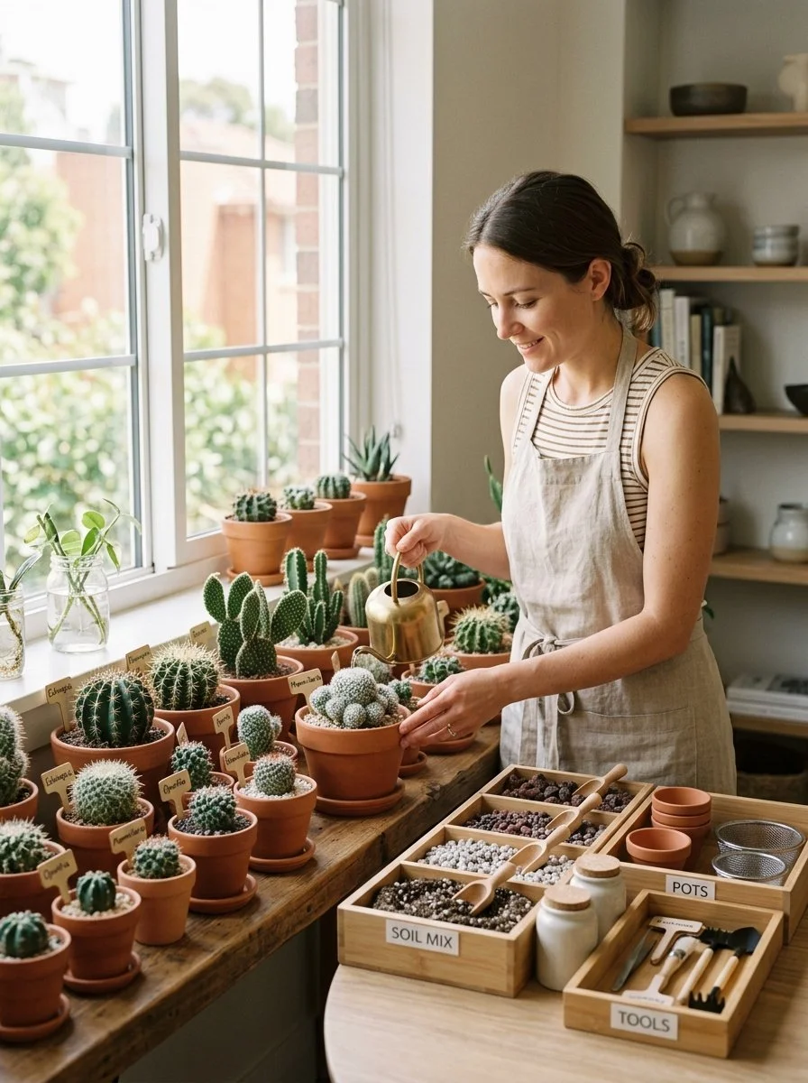 Woman watering small potted cacti and succulents on a windowsill in a bright room with wooden shelves and gardening supplies.