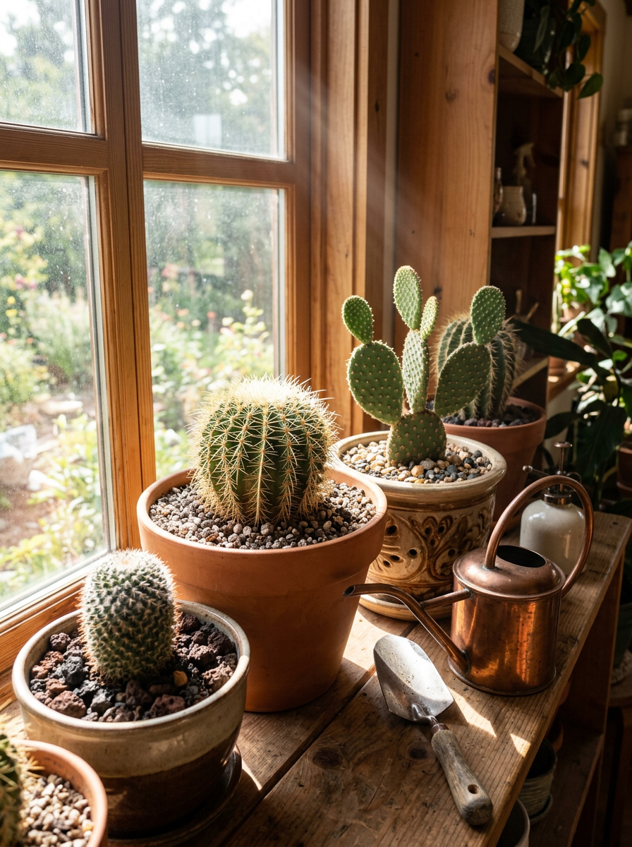 Sunlight streams through a wooden-framed window onto a shelf with potted cacti and succulents, including a round cactus and a prickly pear.