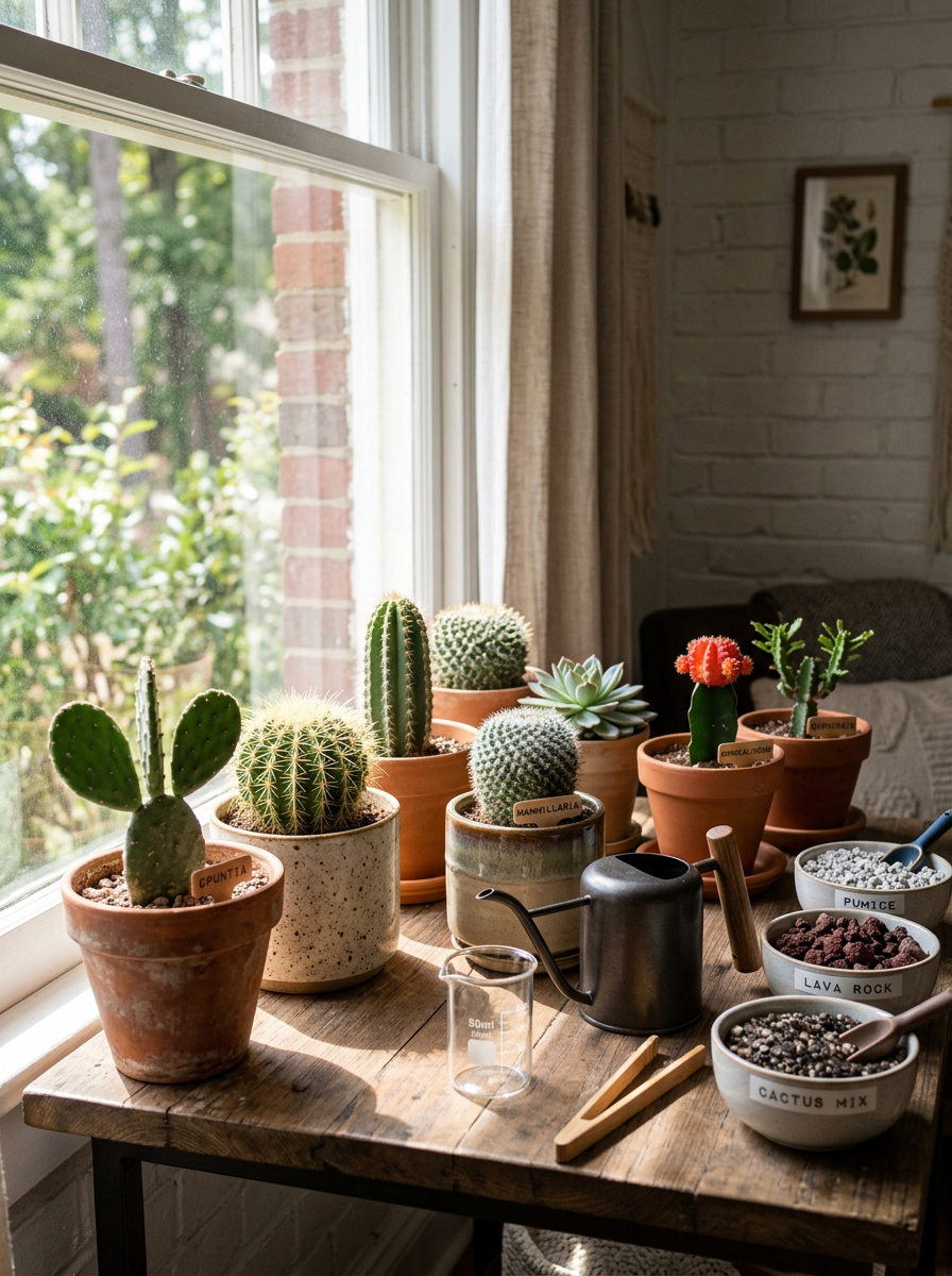 A collection of potted cacti and succulents on a wooden table near a window in a sunlit room.