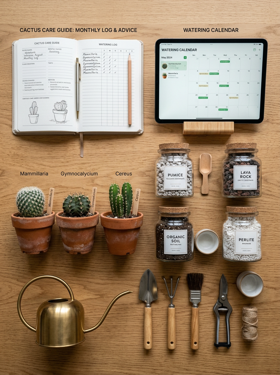 A cactus care and watering setup with a care guide, watering calendar, three potted cacti labeled Mammillaria, Gymnocalycium, Cereus, jars of soil and gardening supplies, and tools including a watering can, trowel, mini rake, small brush, pruning shears, and twine on a wooden table.