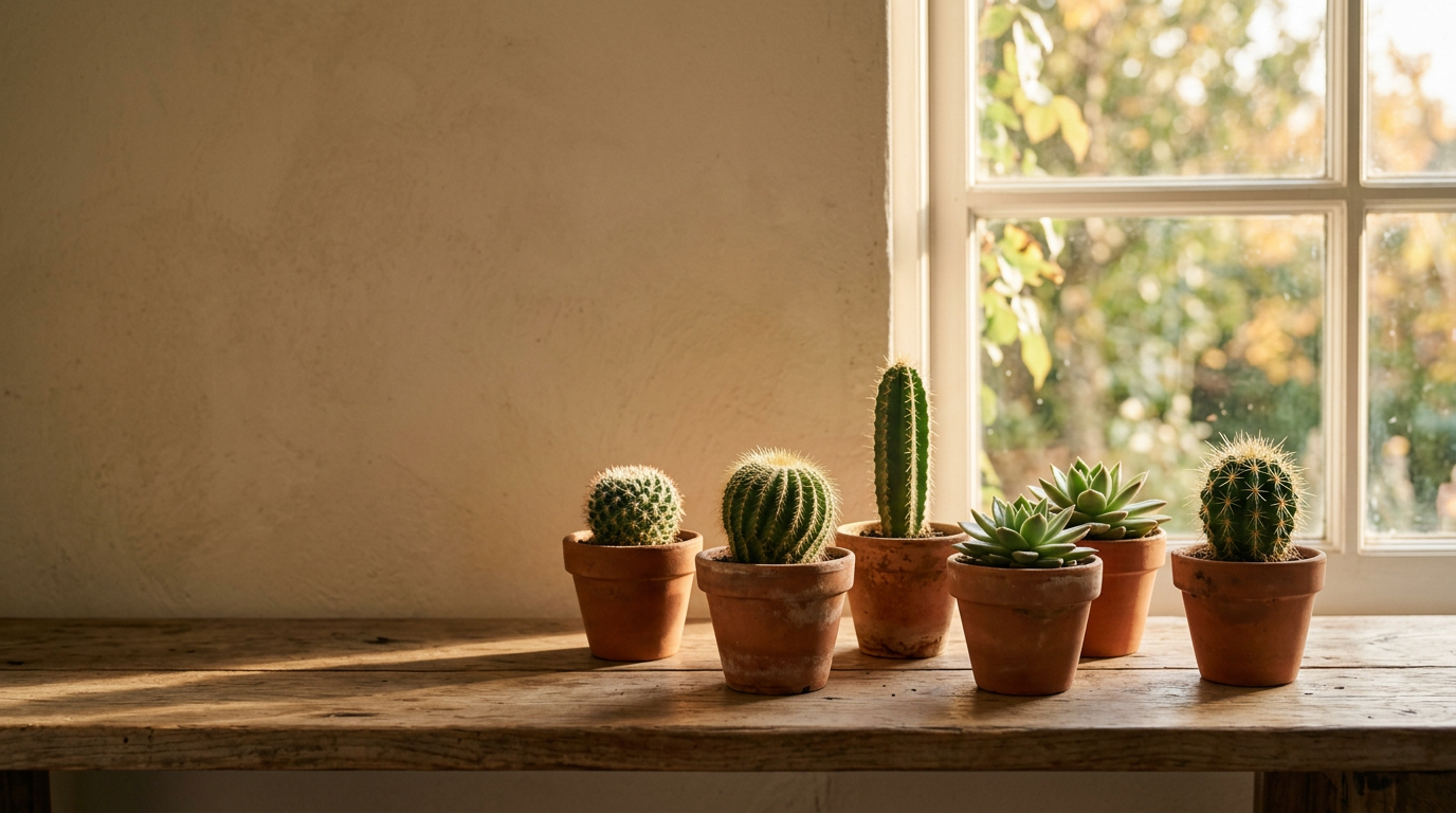 Six small potted cacti and succulents on a wooden surface in front of a window, with sunlight coming through.