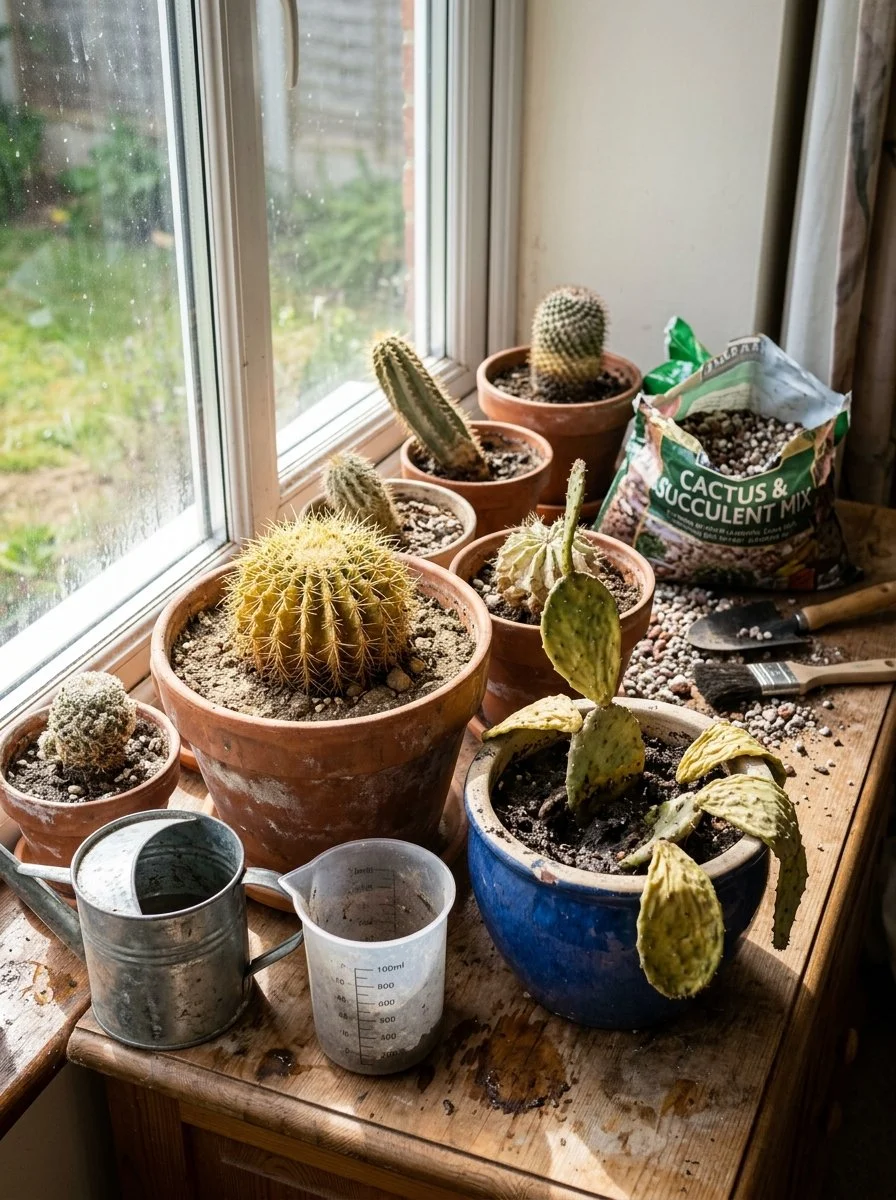 Various potted cacti and succulents on a windowsill, soil, gardening tools, and a bag of cactus and succulent mix.