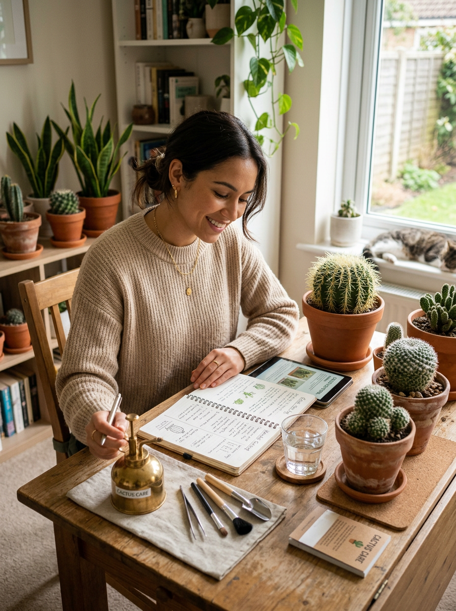 Woman sitting at a wooden table with potted cacti, plants, and gardening supplies, reading an open book, with a tablet nearby, in a cozy room with a bookshelf and window.