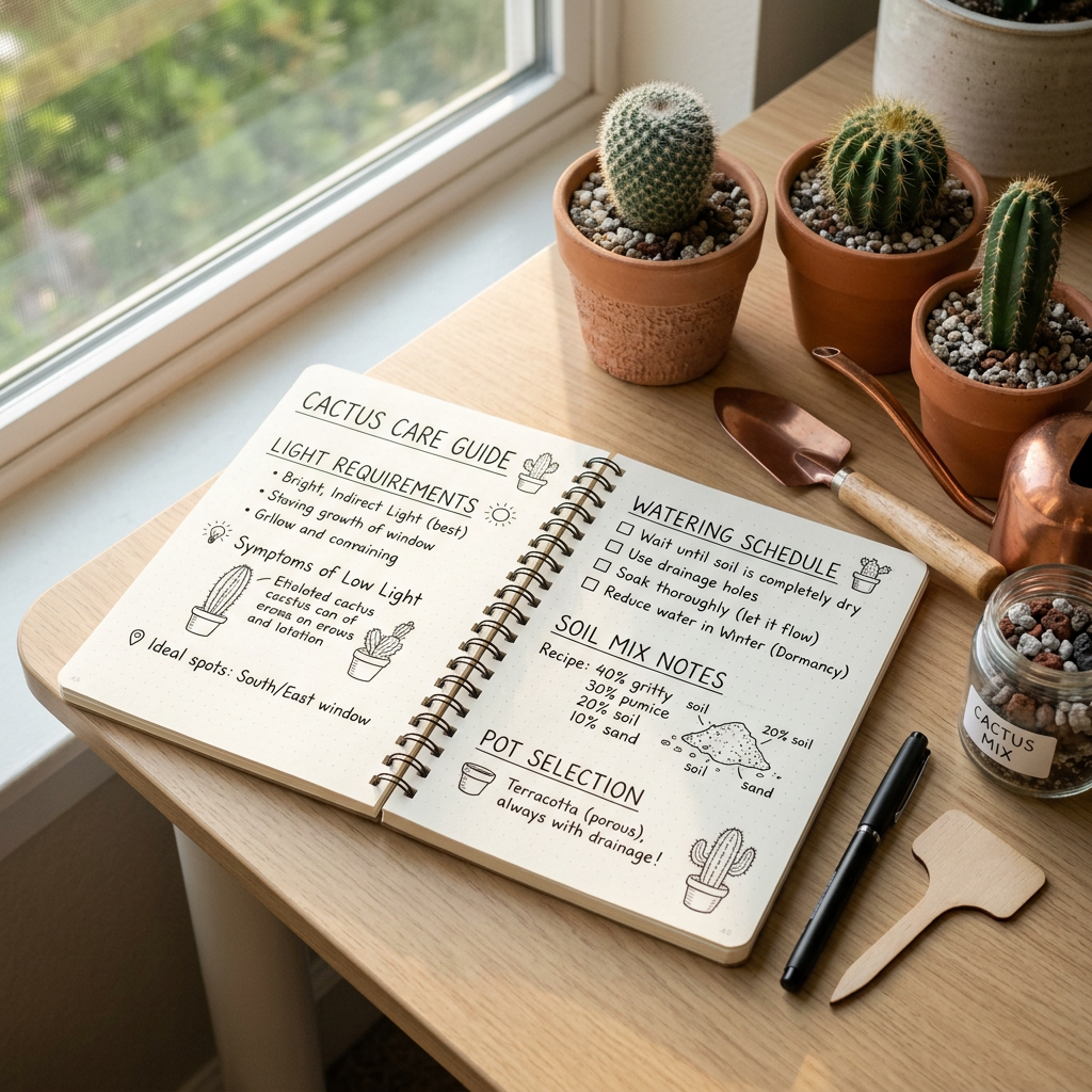 A notebook with a cactus care guide open on a wooden desk by a window, surrounded by potted cacti, gardening tools, and a small jar labeled 'Cactus Mix'.