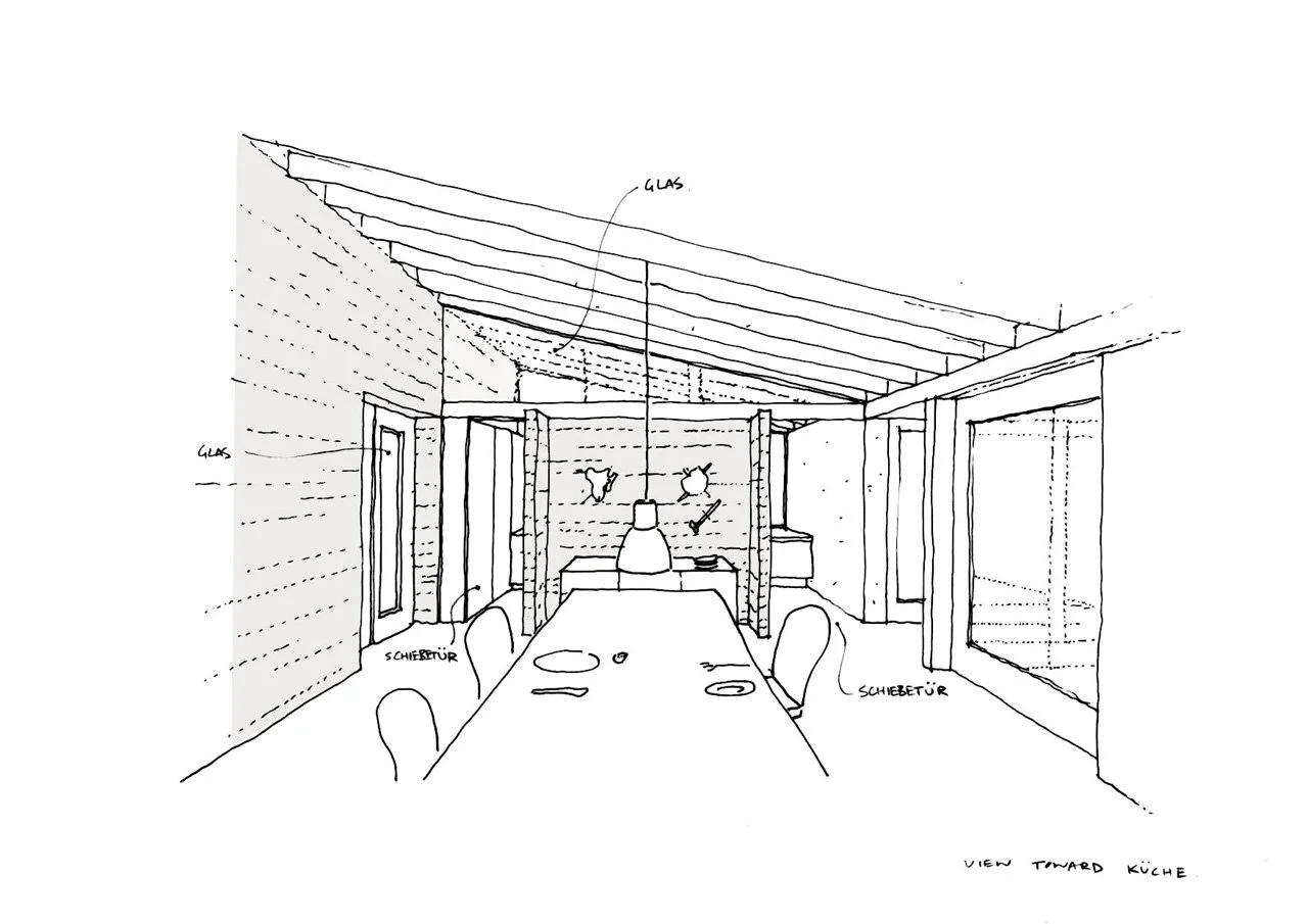 Sketch of a modern kitchen with a dining table, chairs, glass walls, and kitchen appliances, viewed from the dining area.