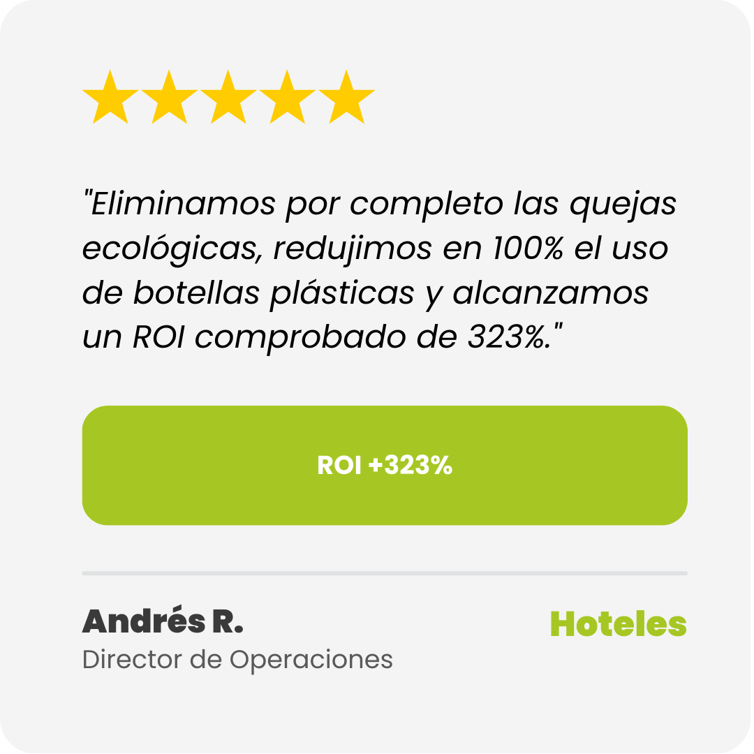"Eliminamos por completo las quejas ecológicas, redujimos en 100% el uso de botellas plásticas y alcanzamos un ROI comprobado de 323%."
