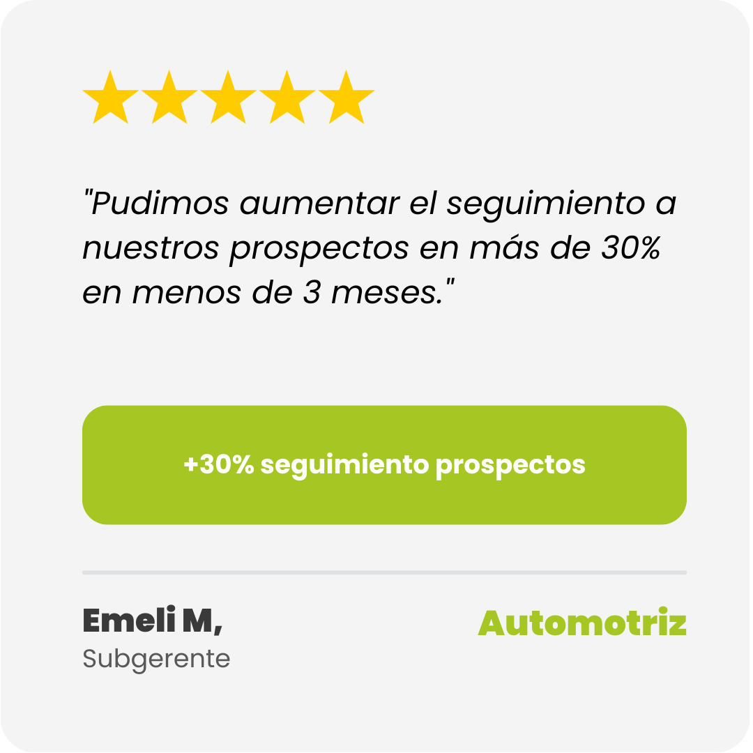"Pudimos aumentar el seguimiento a nuestros prospectos en más de 30% en menos de 3 meses." 