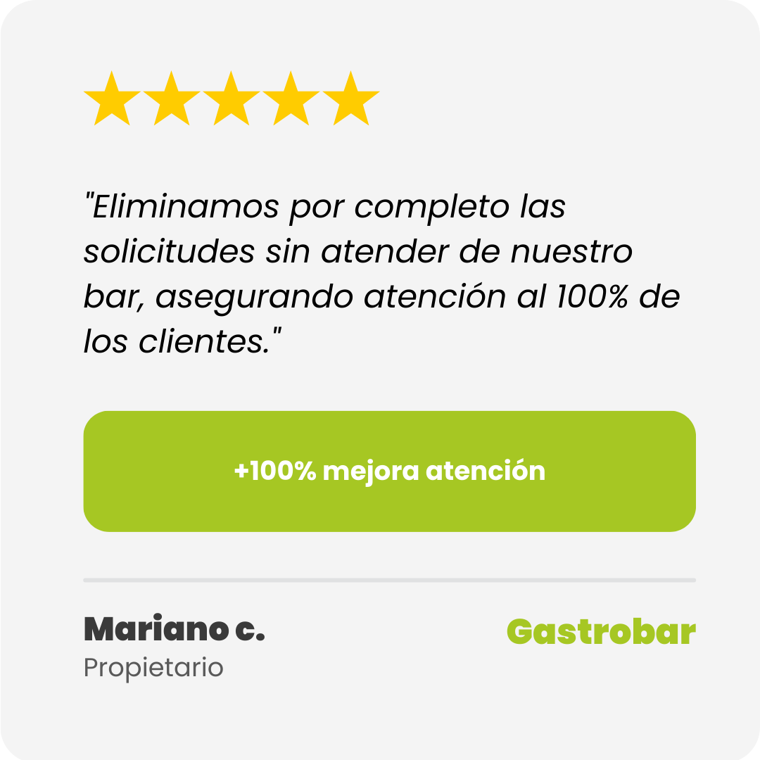 "Eliminamos por completo las solicitudes sin atender de nuestro bar, asegurando atención al 100% de los clientes."