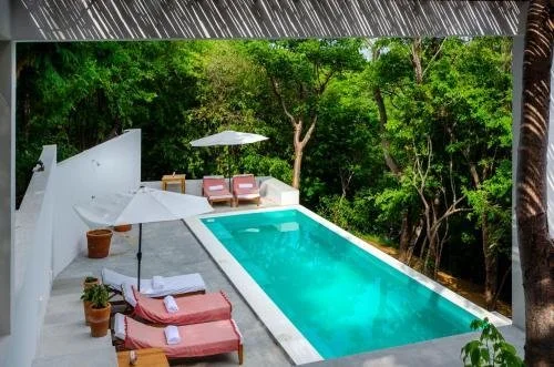 Swimming pool with pink lounge chairs, white towels, umbrellas, and lush green trees in the background.