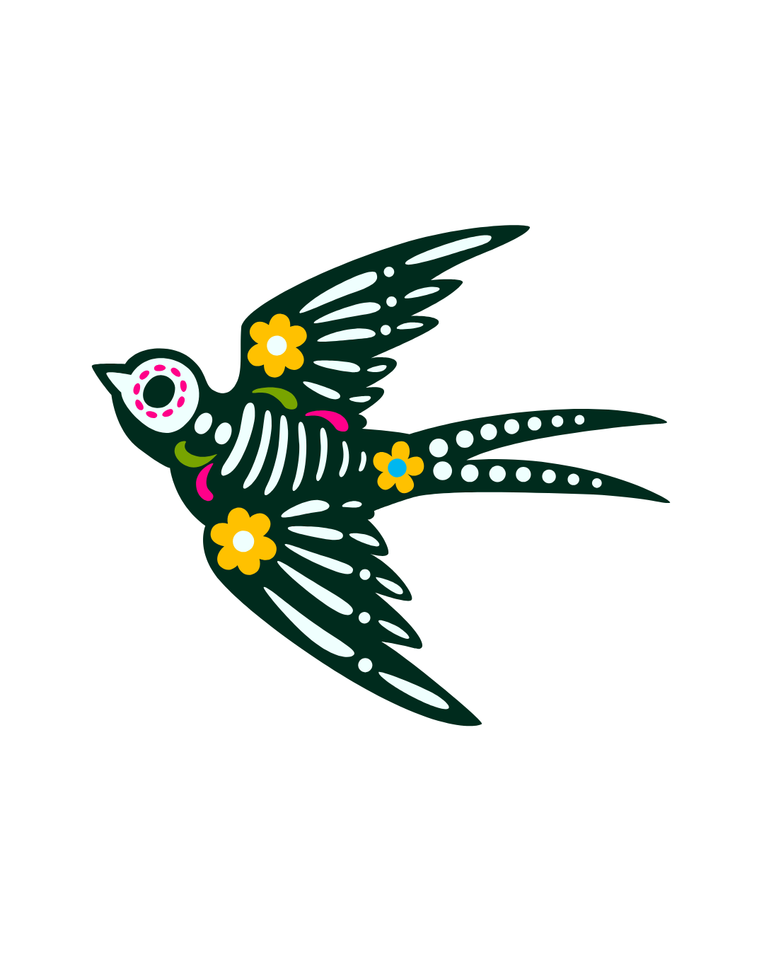 Colorful decorative representation of a flying bird with floral patterns on its body and wings on a black background.