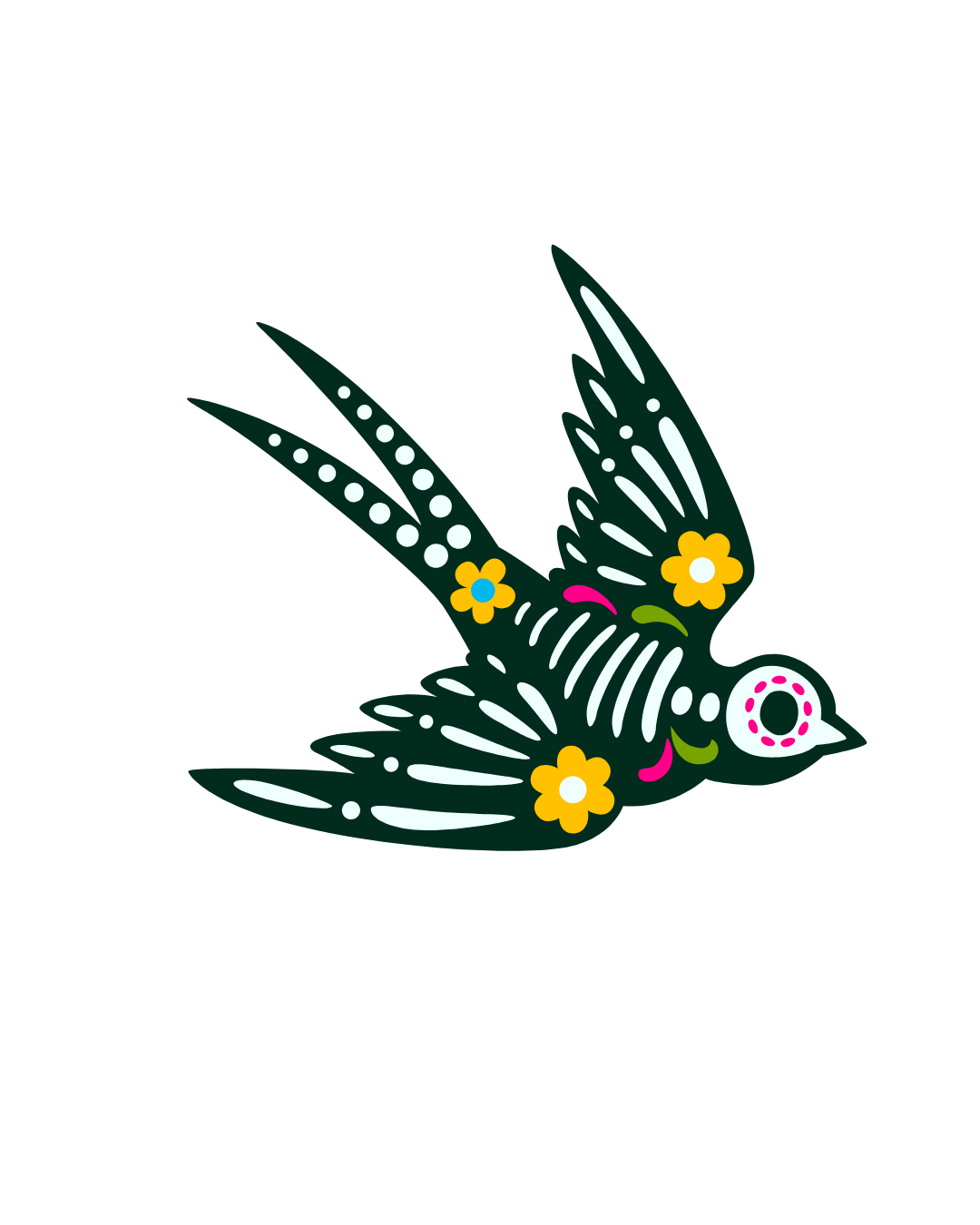 Colorful decorative illustration of a bird with yellow flowers on its wings and a white face with pink details, set against a black background.