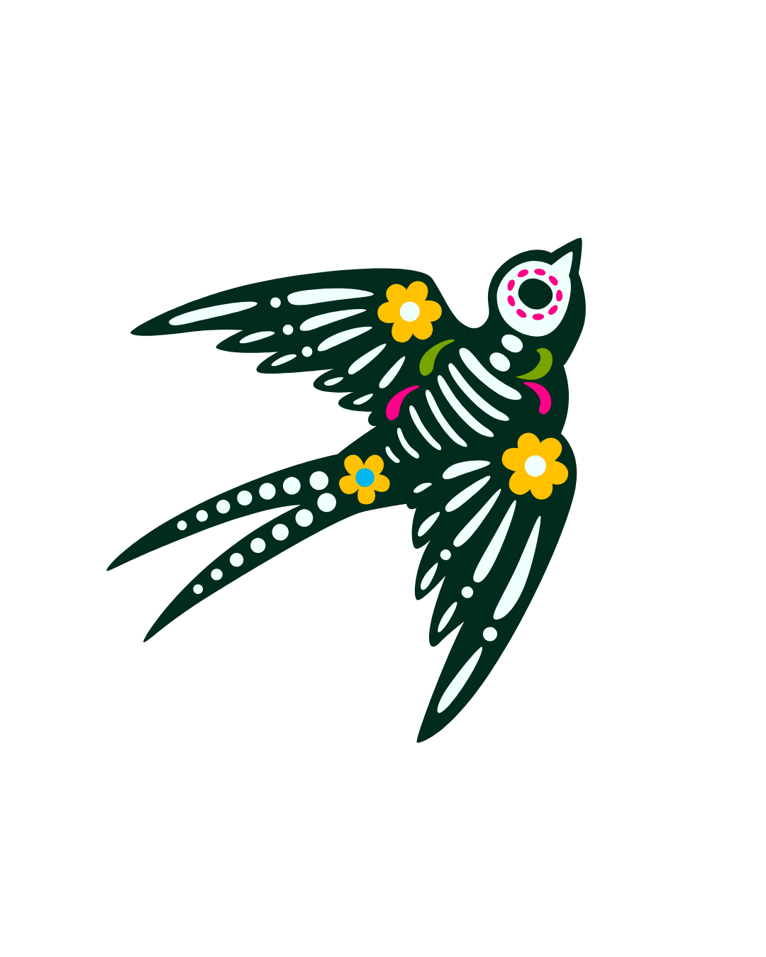 Colorful decorative illustration of a bird with floral patterns on a black background.