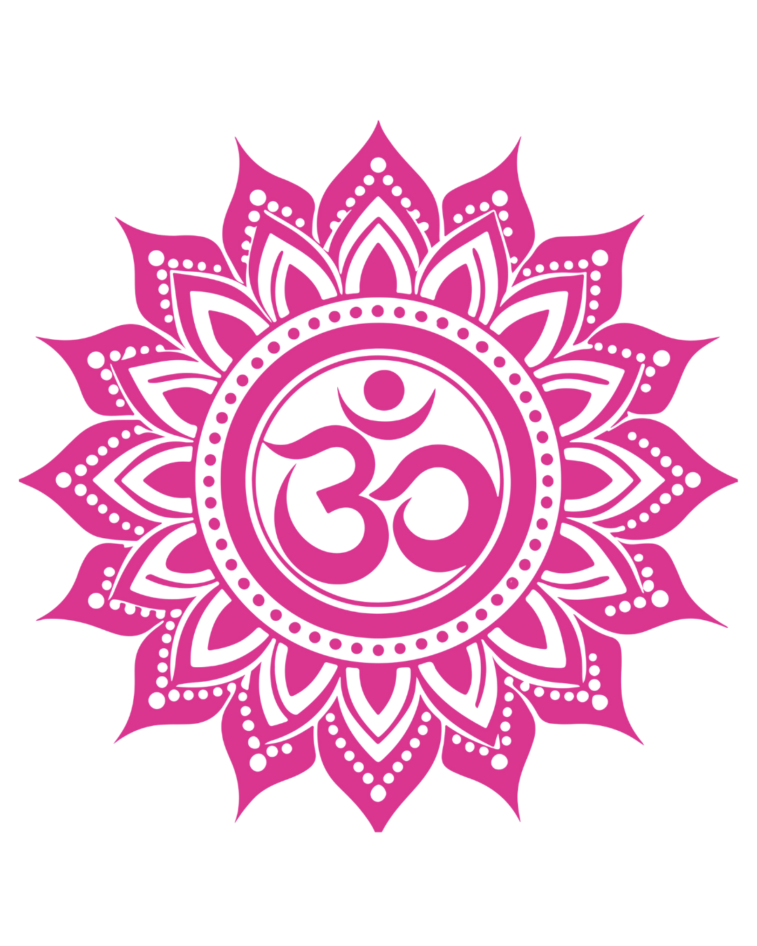Pink and black mandala with a central Om symbol on a black background.