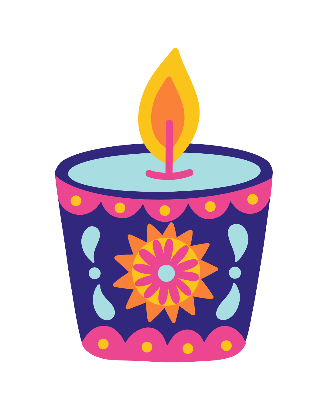 Colorful decorative candle with flame, featuring vibrant pink, blue, orange, and yellow patterns.
