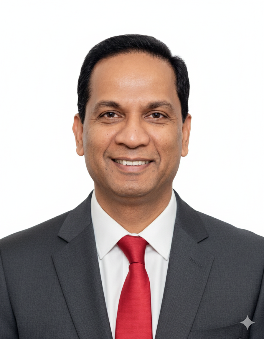 Professional portrait of a smiling man in a suit and red tie against a white background.