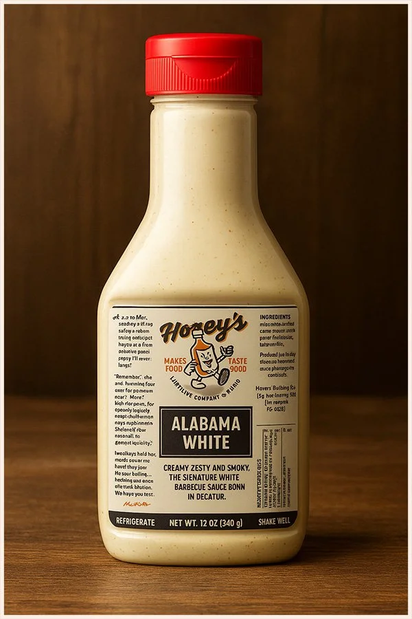 A bottle of Alabama White barbecue sauce with a red cap on a wooden surface.