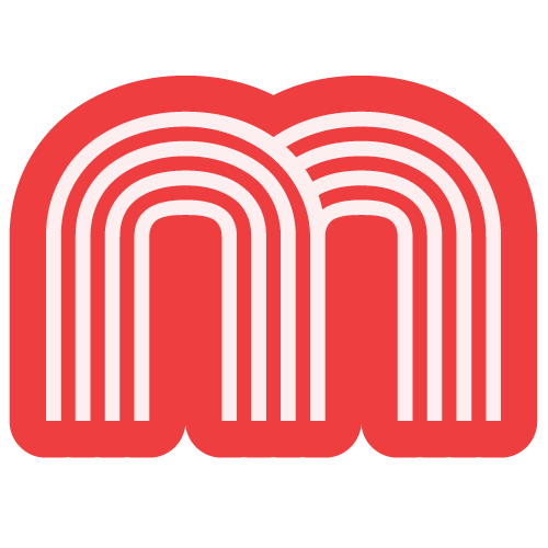 Colorful stylized letter 'M' with rainbow-like arches inside a red shape.