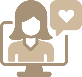 An illustration of a woman with shoulder-length hair using a computer, with a speech bubble containing a heart symbol.