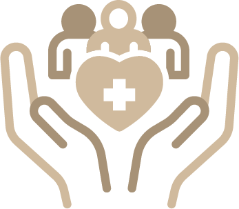 Icon of two open hands holding a heart with a medical cross inside, surrounded by three stylized people figures