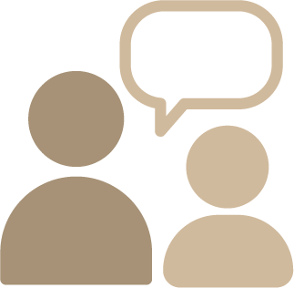 Two stylized human figures, one larger and one smaller, with a speech bubble above the smaller figure.