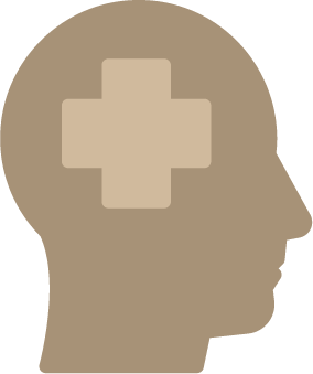 Silhouette of a person's head with a medical cross symbol inside the brain area, representing mental health or medical focus.