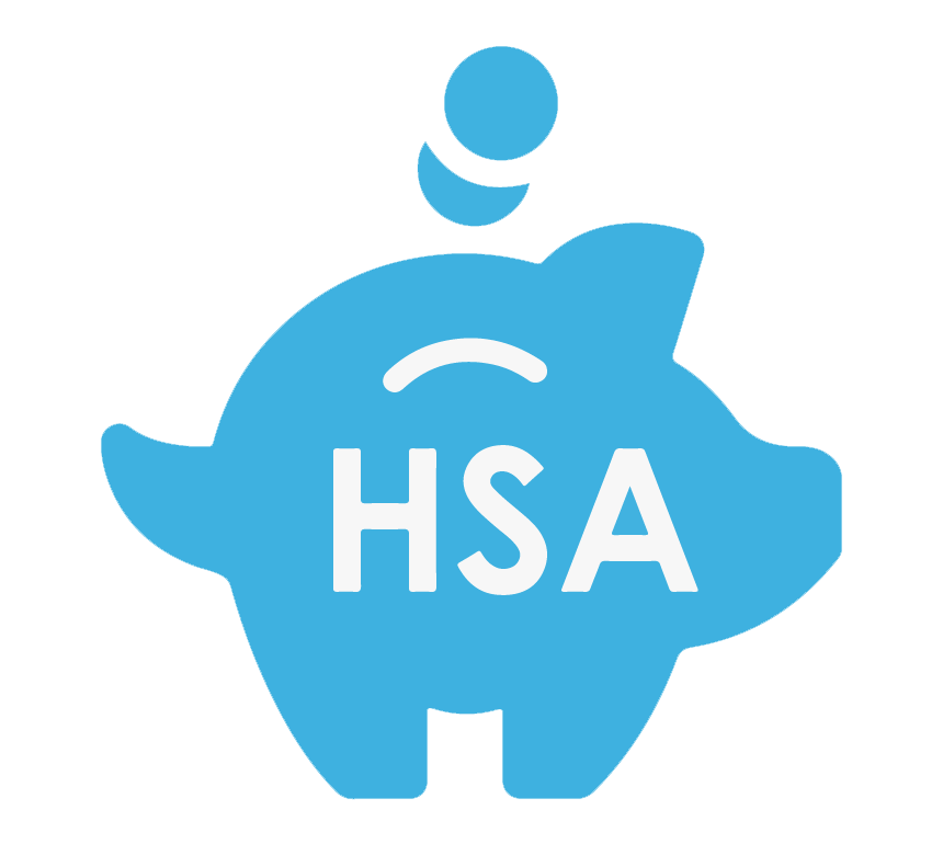 Blue piggy bank with the letters 'HSA' on its side, a coin dropping into it.