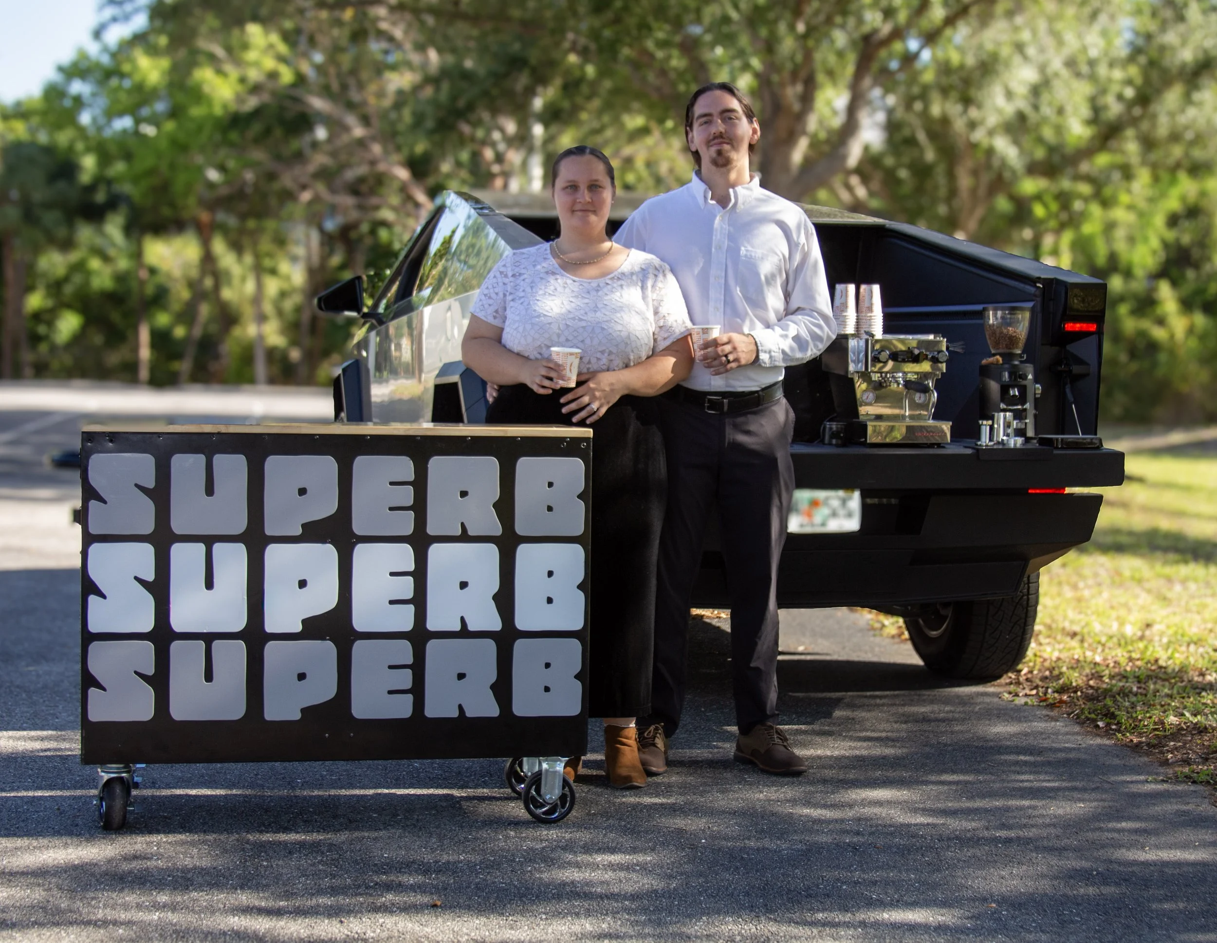 Superb Coffee Co. photoshoot with Cybertruck and Latte Cart.