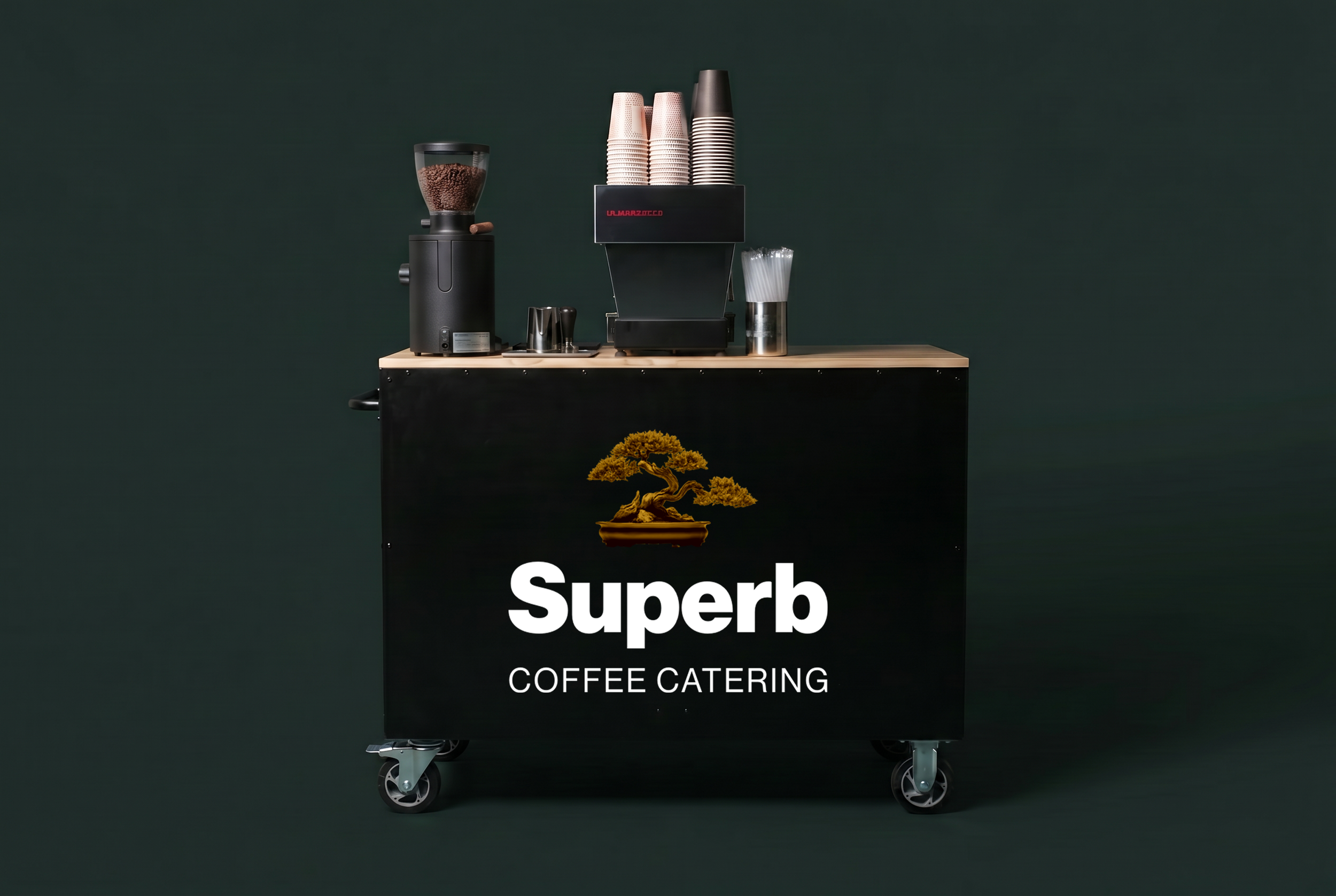 Coffee cart with stacked disposable cups, coffee beans in a grinder, and a potted yellow flower in front, against a dark green background with the words 'Superb Coffee Catering' visible.