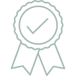 A badge with a checkmark inside a circle and two ribbons hanging below.