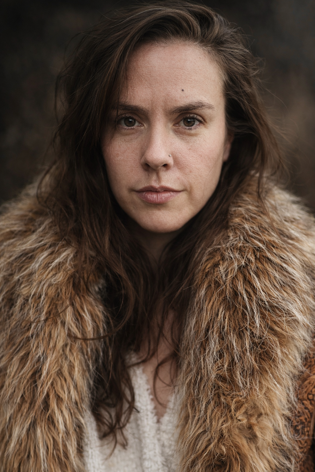 Close-up of a woman with long brown hair, light skin, and a nose piercing, wearing a fur coat outdoors.