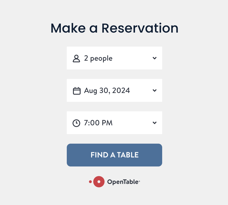 Web reservation form for a table at a restaurant or similar venue, with options to select number of people, date, and time, and a button labeled 'Find a Table'.