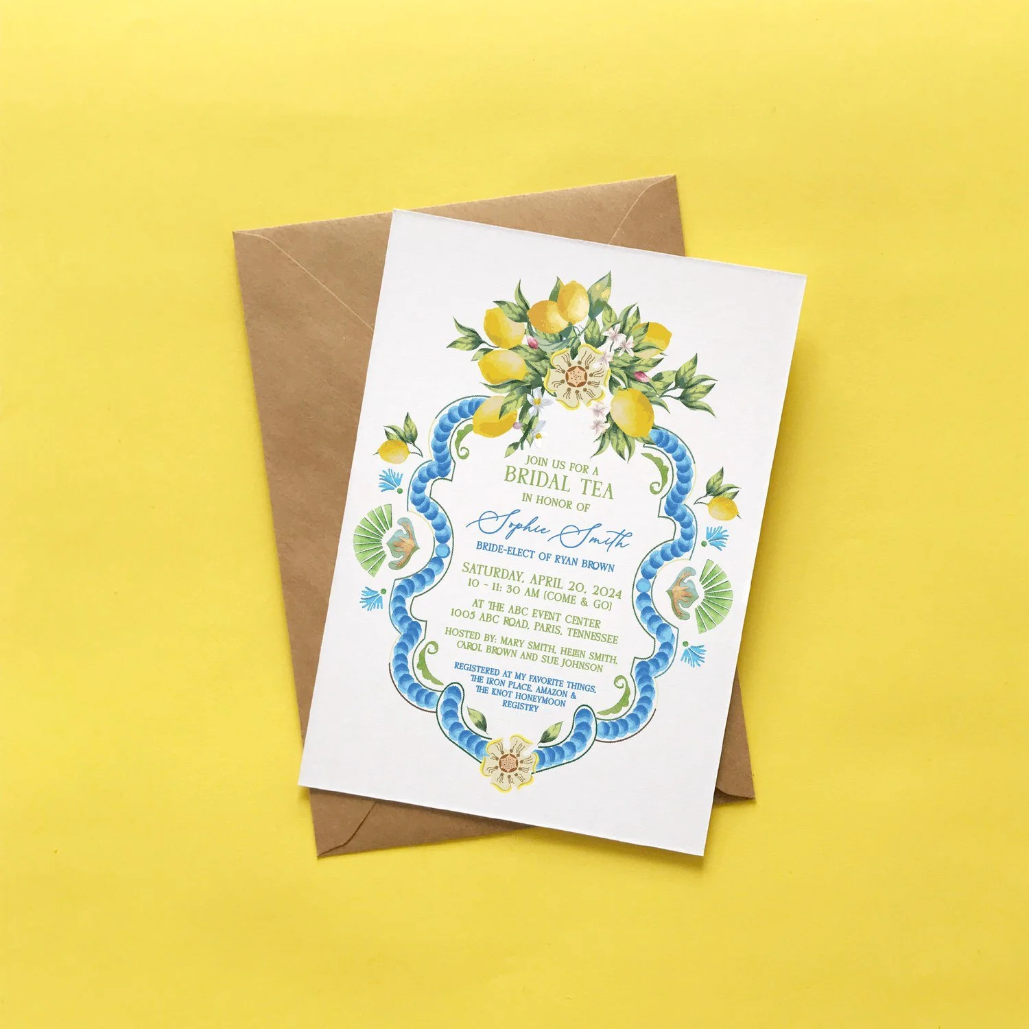 Invitation for a bridal tea with yellow lemons and flowers at the top, surrounded by a decorative blue and green border, on a yellow background.