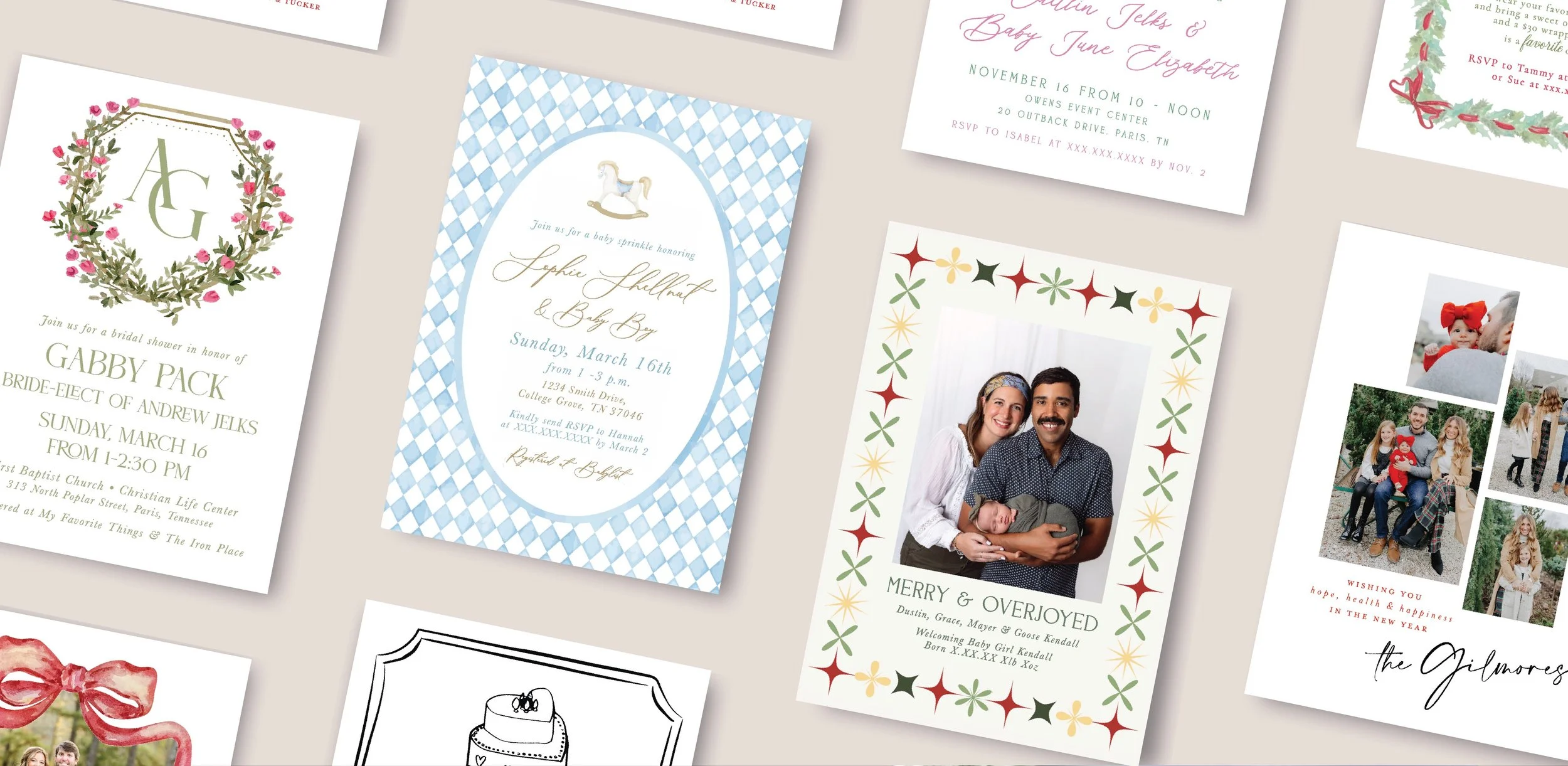 Collection of colorful invitation and greeting cards with various designs, including wedding, baby shower, and holiday greetings, featuring photos, illustrations, and decorative borders.
